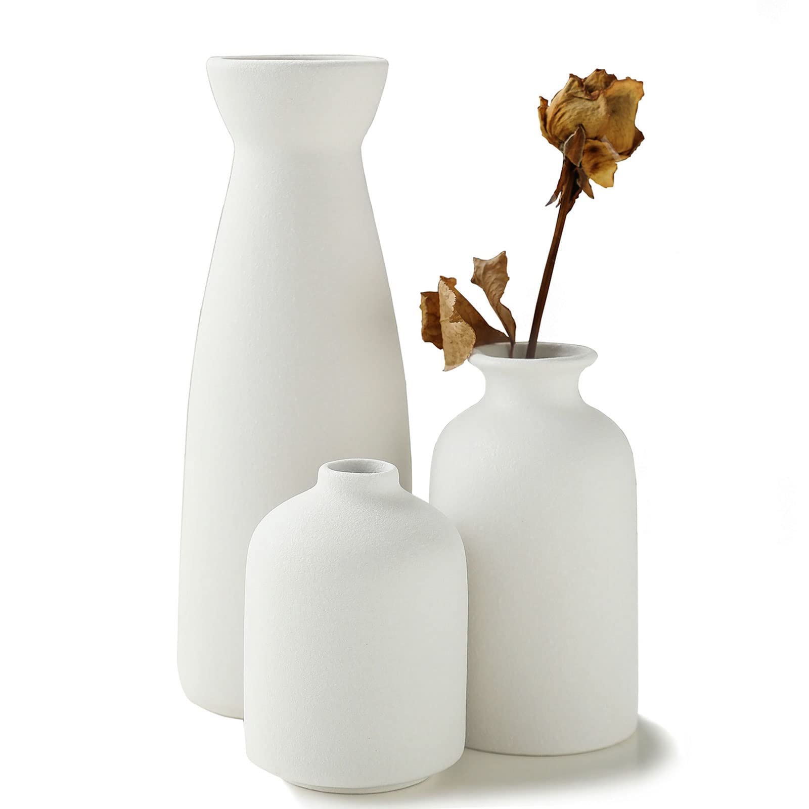 KIOXOHO White Ceramic Vase Set of 3 - Modern Farmhouse Flower Vases for Home Decor, Rustic Decorative Vases for Pampas Grass & Dried Flowers - Perfect for Shelves, Tables, Mantels, Entryways & Bookshelves | Ideal for Living Room, Bedroom & Wedding Centerpieces | Great for Farmhouse, Boho & Minimalist Home Decor Styles
