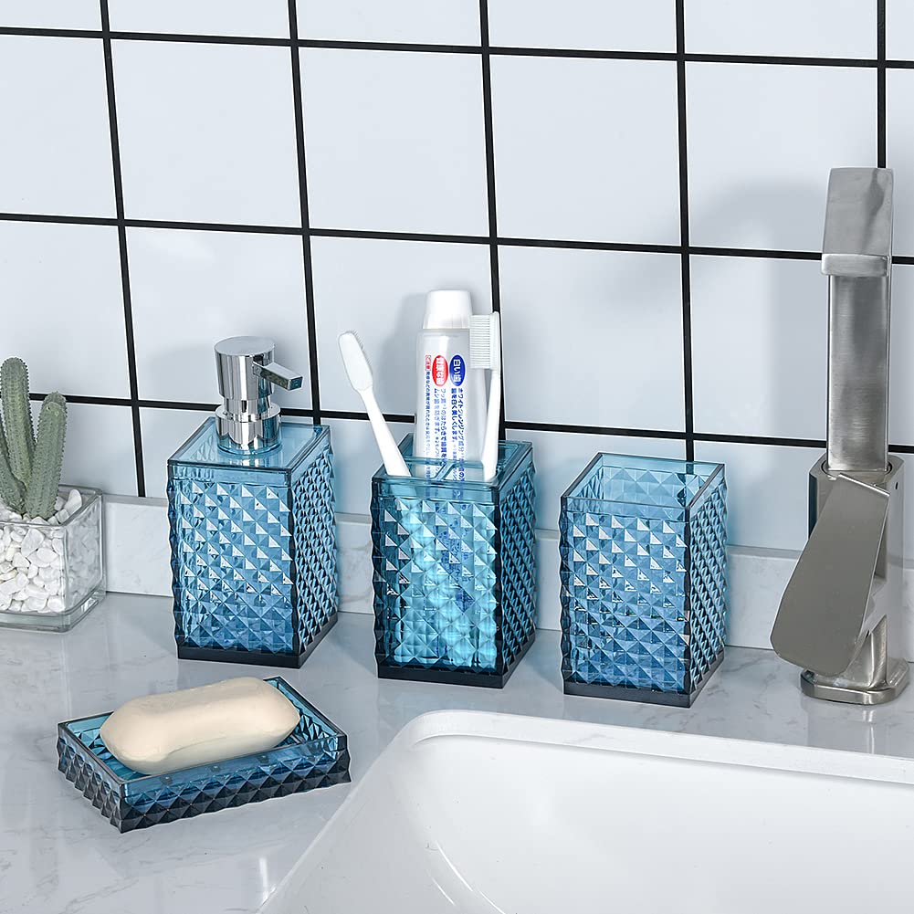 6-Piece Acrylic Bathroom Accessories Set - Toothbrush Holder, Cup, Soap Dispenser, Toilet Brush with Holder & Soap Dish | Modern Bathroom Decor | Housewarming Gift (Blue) | Perfect for Guest Bathrooms, Apartments & Home Renovations