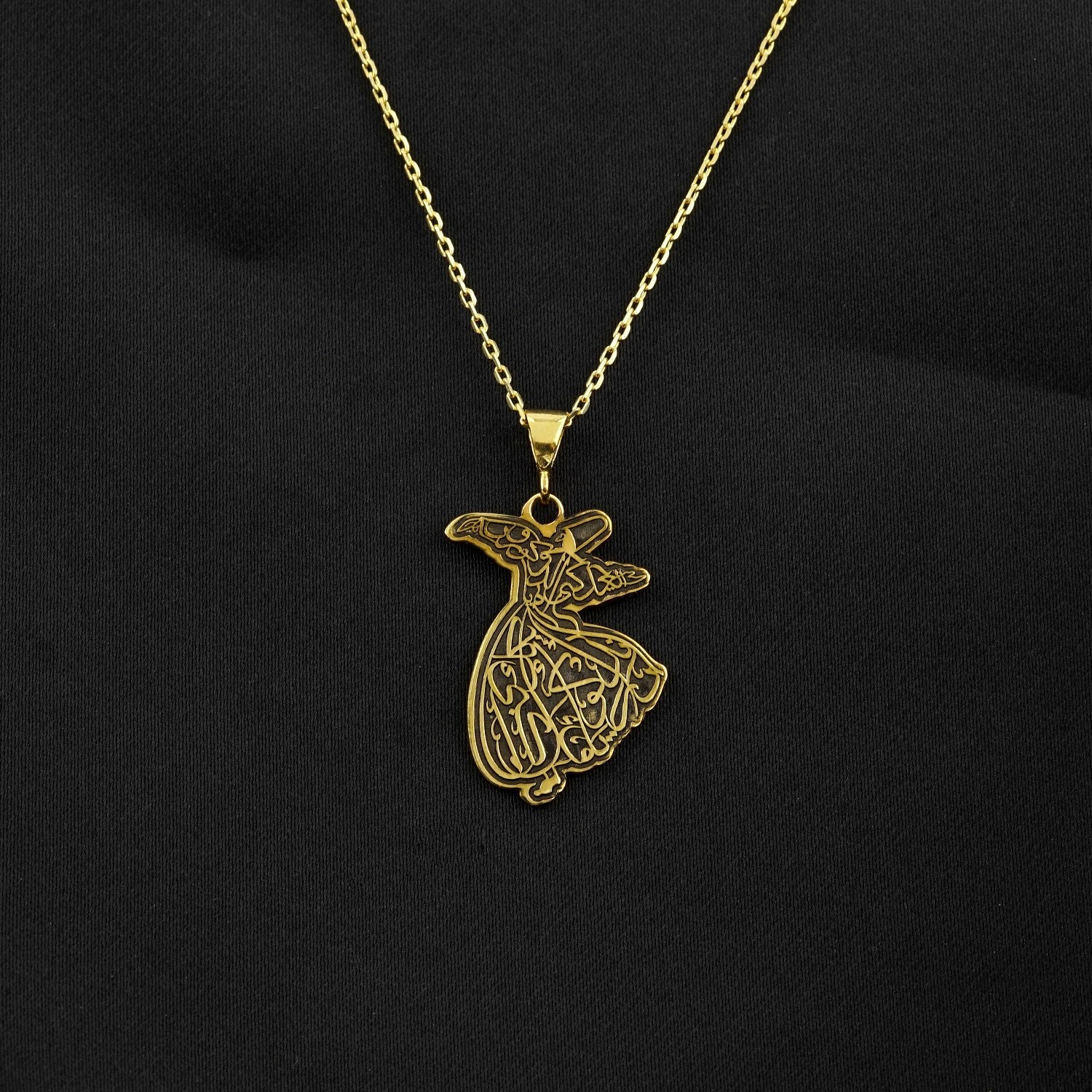 Whirling Darwish Muslim Jewelry 18K Gold Plated Silver Islamic Pendant Necklace - Spiritual Gift for Eid, Ramadan & Special Occasions