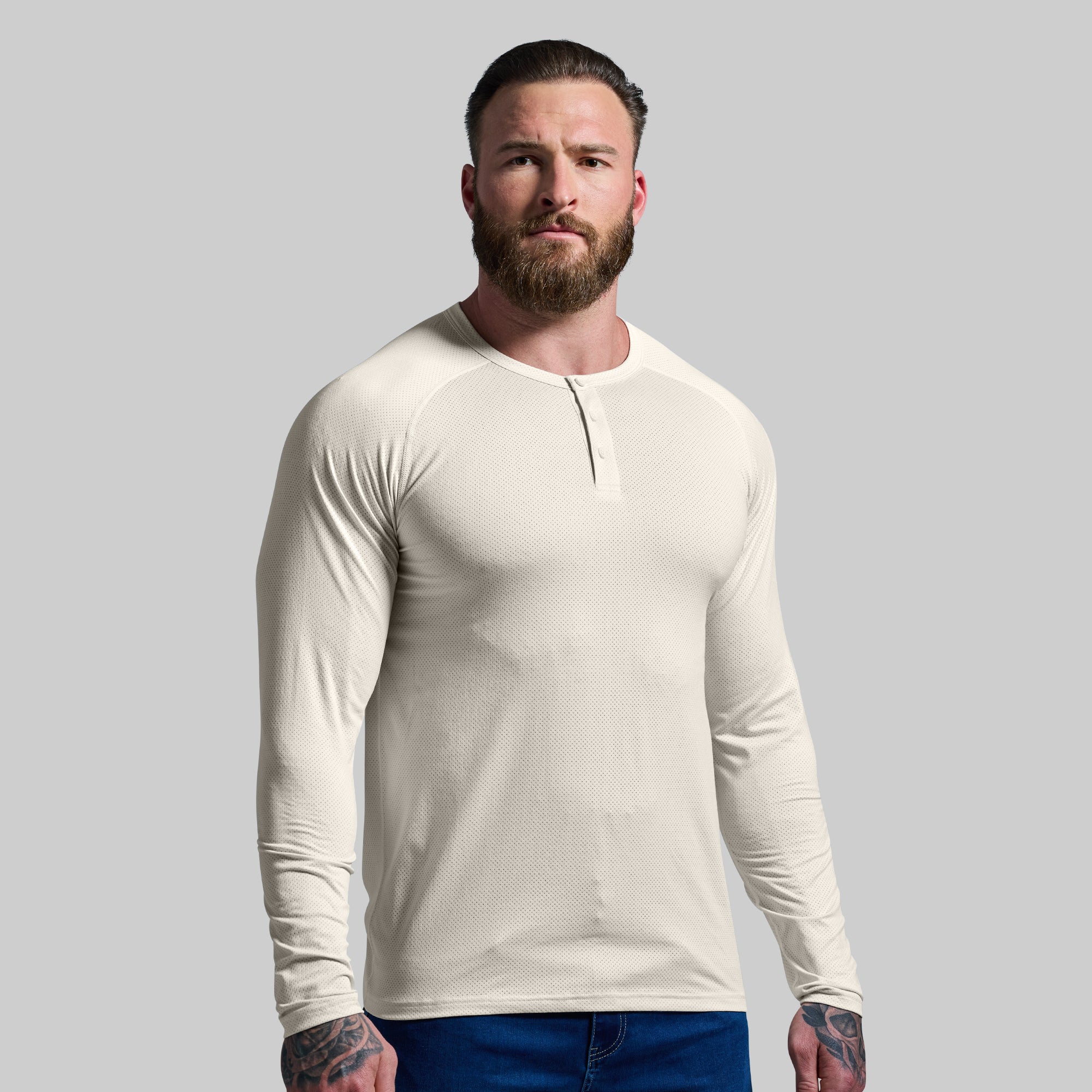 Heritage Henley T-Shirt for Men - Soft Cotton Crewneck Tee in Sand Color - Casual & Comfortable Shirt for Everyday Wear, Outdoor Activities, and Layering