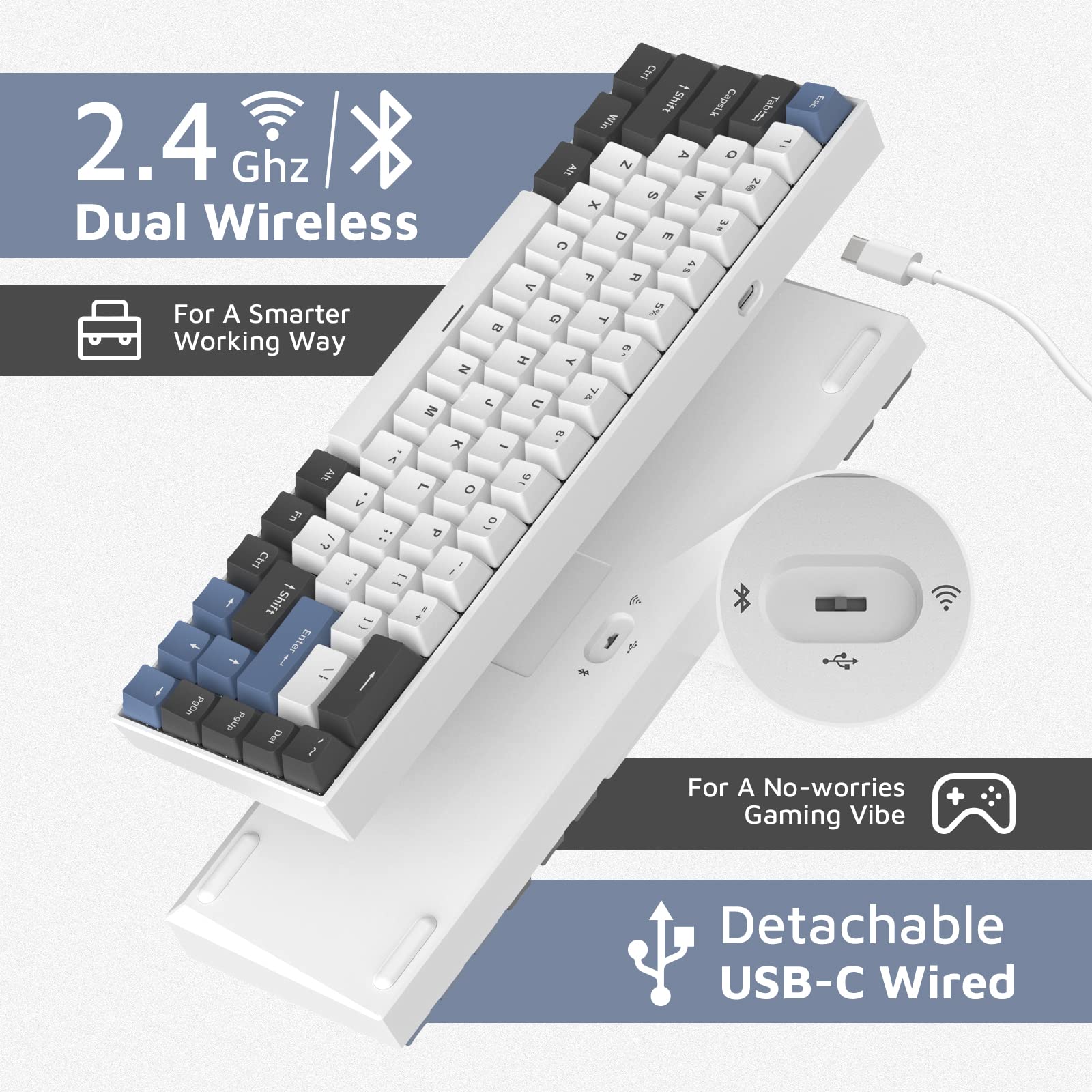 F12 65% Wireless Mechanical Keyboard - 68 Keys RGB, BT 5.0/2.4Ghz, Kailh Red Switch for Gaming & Office Work