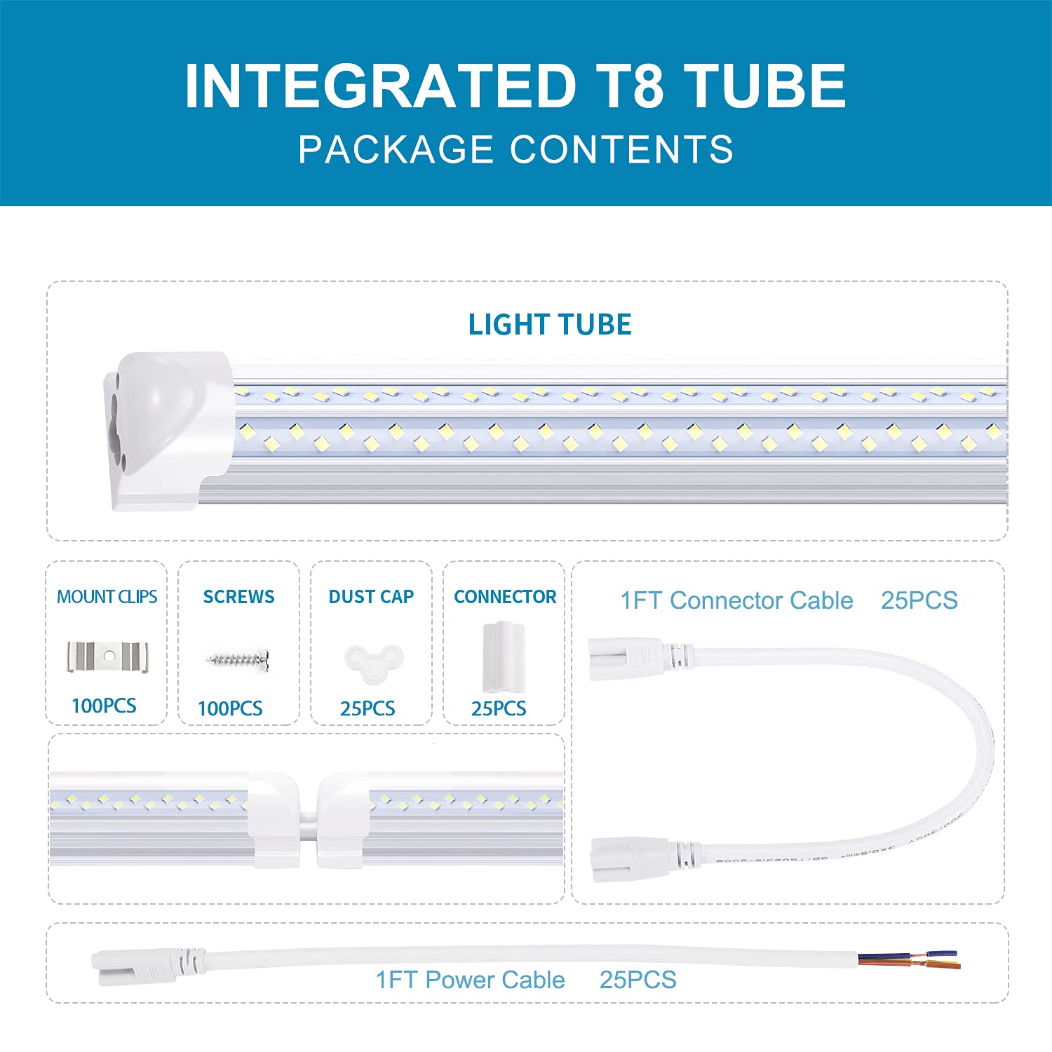 120W LED Shop Light 8FT - 14400lm 6000K Cold White V-Shape Clear Cover High Output T8 LED Tube Lights - Plug & Play Linkable Fixture for Garage, Warehouse, Workshop - Bright Lighting Solution for Commercial & Industrial Spaces (25-Pack)
