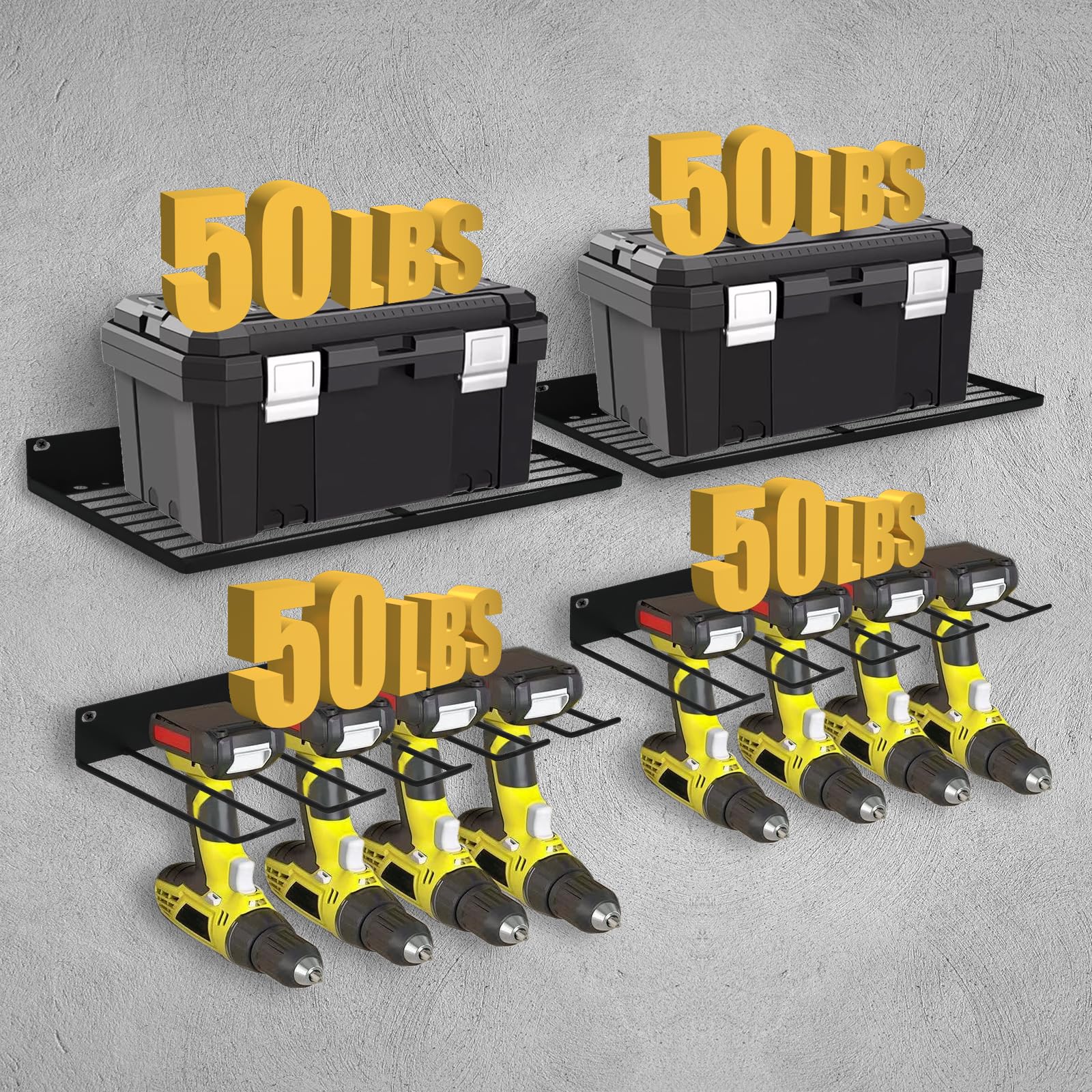 Heavy Duty Metal Power Tool Organizer Wall Mount with Charging Station - 2 Pack, Black | Drill Holder, 2 Shelves & 2 Tool Rails for Garage, Workshop & DIY Projects