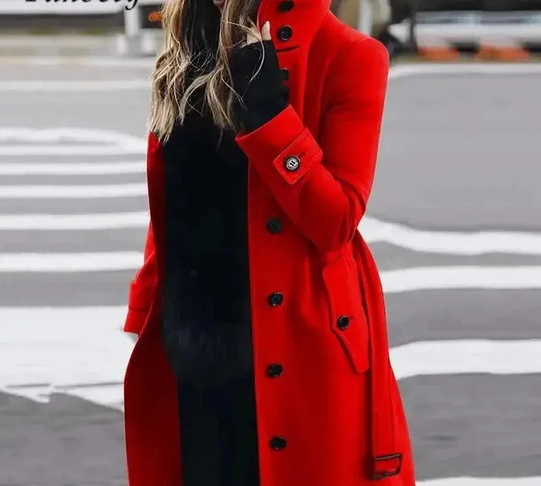 Warm Red Women's Wool Winter Coat - Stylish Outerwear for Cold Weather, Perfect for Snowy Days & Winter Travel