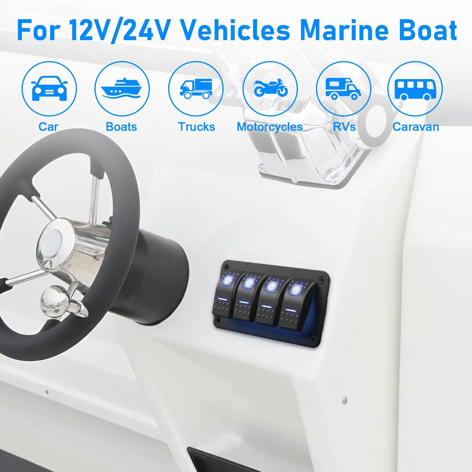 SUNJOYCO 4 Gang Marine Boat Rocker Switch Panel - 12V/24V Waterproof 5 Pin On Off Rocker Switch Panel with Blue LED Light for RV, Marine, Truck, Boat, Car & Vehicles - Perfect for Marine Electrical Systems & Automotive Dashboards