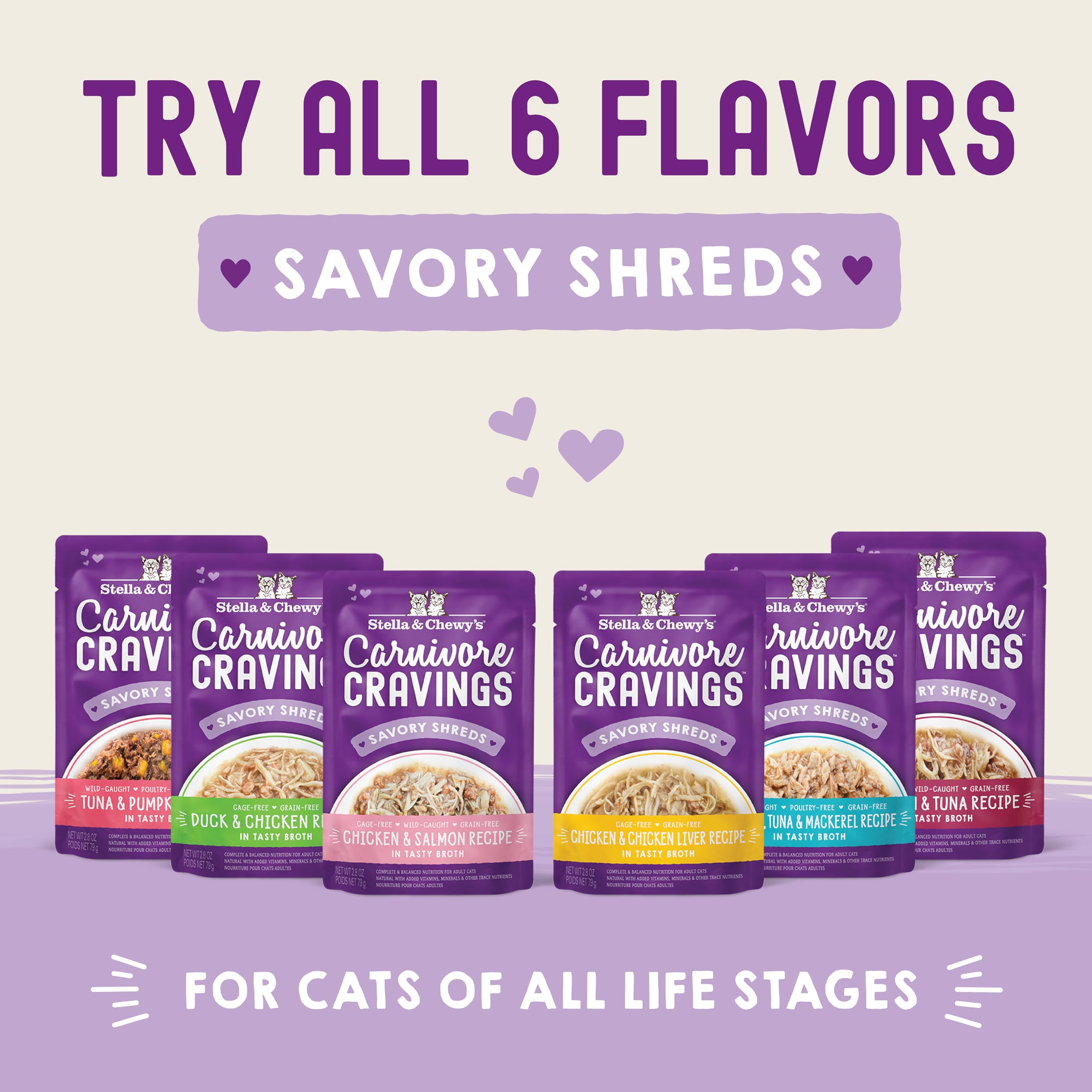 Stella & Chewy's Carnivore Cravings Savory Shreds Grain-Free Wet Cat Food - High Protein Tuna & Pumpkin Recipe (2.8oz Pouches, Pack of 12) - Perfect as Meal, Topper or Treat for Indoor & Outdoor Cats