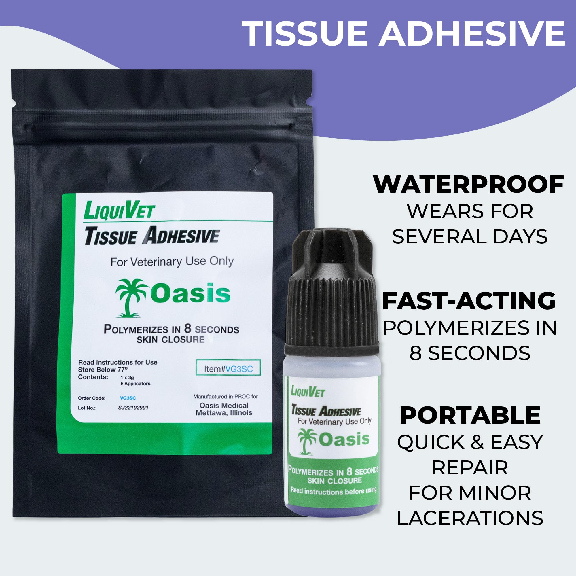 Liquivet 8 Second Tissue Adhesive - Fast-Acting Vet Skin Glue for Wound Closure | 3mL Bottle with 6 Applicators | Ideal for Pet First Aid, Surgical Incisions & Emergency Wound Care