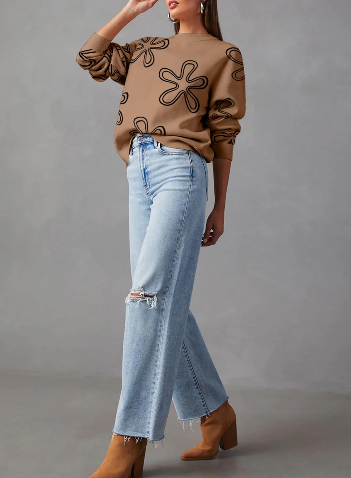 Women's Casual Floral Print Cable Knit Pullover Sweater - Long Sleeve Crewneck Top for Fall & Winter | Perfect for Office, Date Night & Cozy Weekends