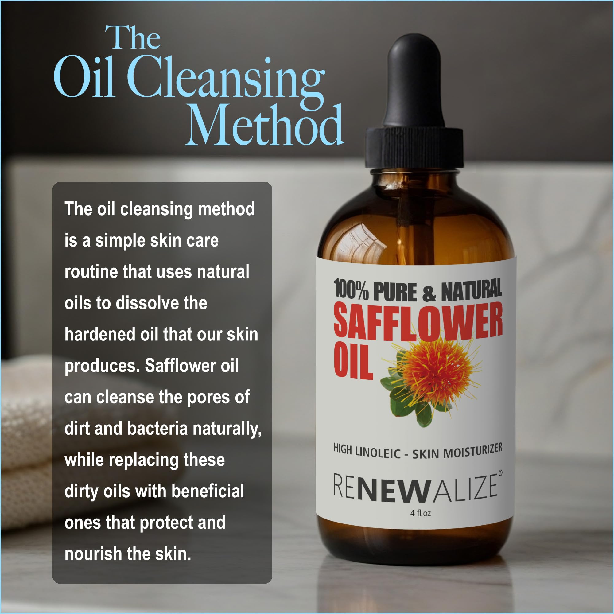 Organic Safflower Seed Oil Face Moisturizer - 4 oz Dark Glass Bottle with Dropper | High Linoleic Acid Facial Serum for Acne & Oily Skin Care | All Natural Breakout Treatment for Men & Women | Daily Hydration & Nighttime Skincare Routine