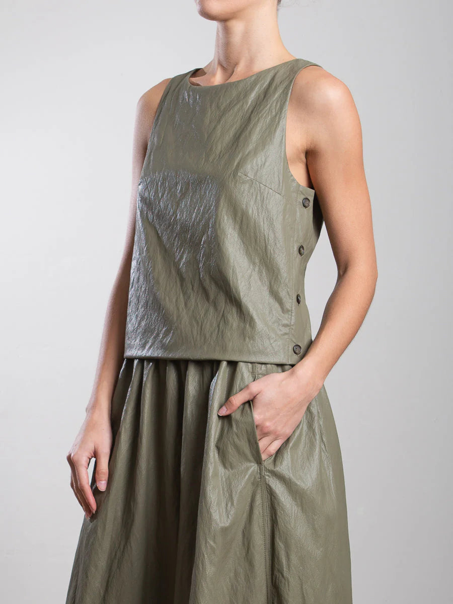 Elena Women's Faux Leather Army Green Top - Stylish Long Sleeve Blouse for Casual Outings, Date Nights & Office Wear