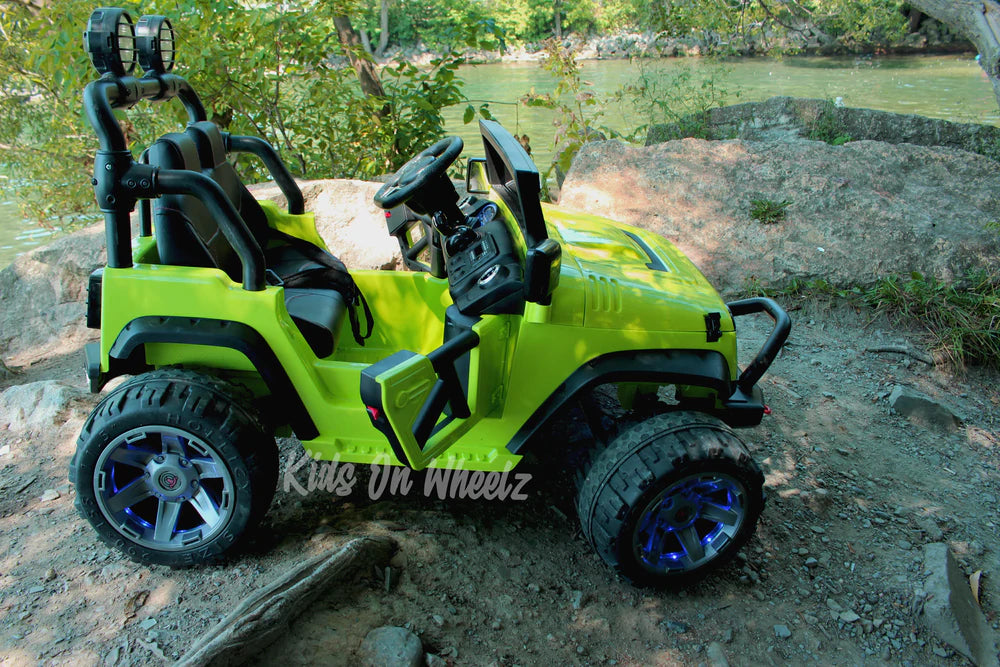 Jeep Wrangler 12V Ride On Car for Kids - 2 Seater Electric Toy Vehicle in Lime Green - Perfect for Outdoor Play & Backyard Adventures