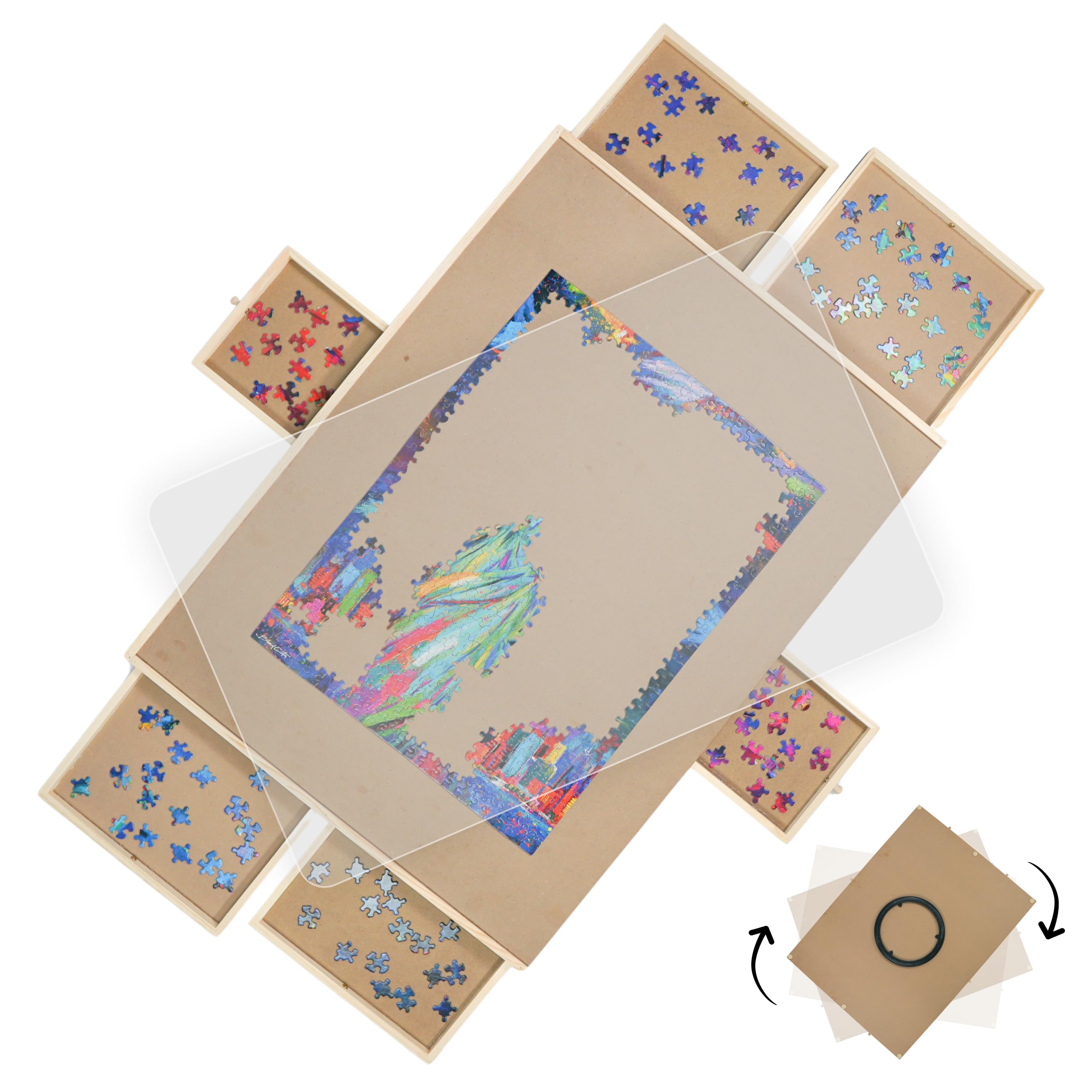 360° Rotating Puzzle Board with Storage Drawers & Protective Cover - 35” x 26” Large Puzzle Table for 1500 Pieces - Adjustable Height for Adults & Kids - Perfect for Family Game Nights, Home Decor & Puzzle Enthusiasts