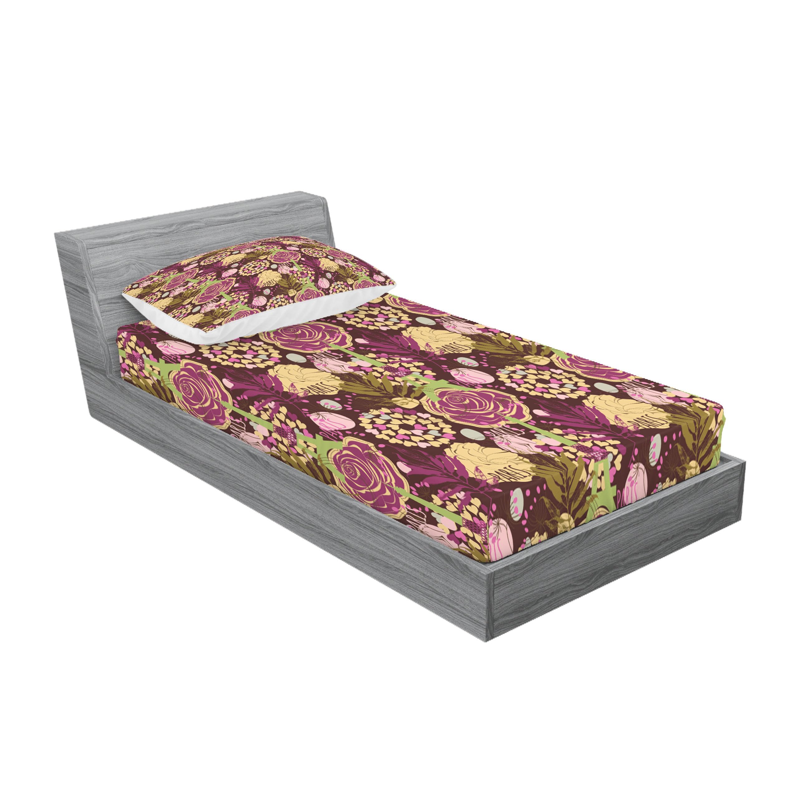Ambesonne Modern Fitted Sheet & Pillow Sham Set - Paris Eiffel Tower Leaves Design with Maroon Background, 2-Piece Printed Bedding Decor for Twin Size in Pale Green & Purple | Perfect for Paris-Themed Bedrooms, Guest Rooms & Home Decor