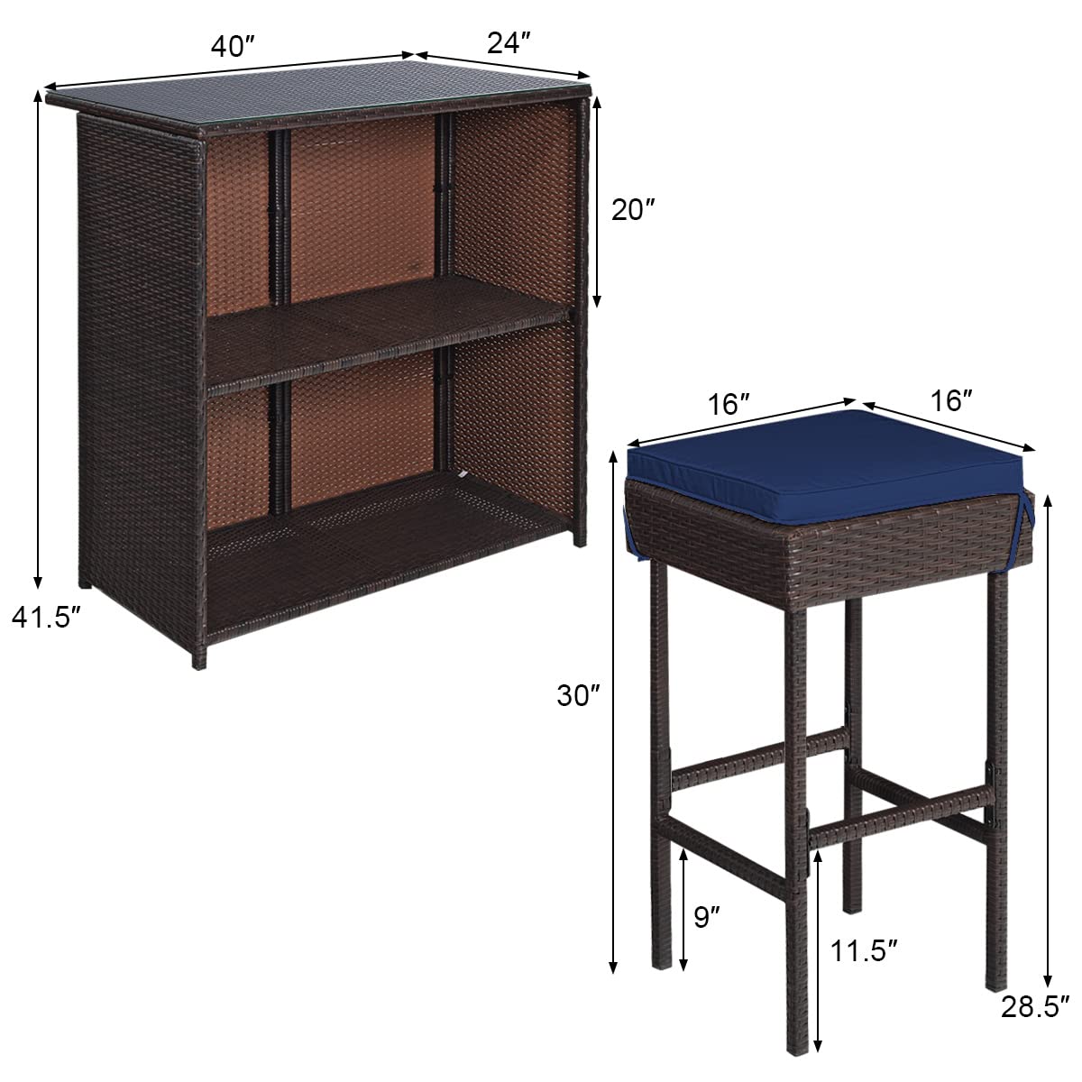Tangkula 3-Piece Outdoor Patio Bar Set - Rattan Wicker Bar Table with 2 Cushioned Stools & Glass Top - Navy & Off White - Perfect for Backyard, Garden, Poolside & Outdoor Entertaining