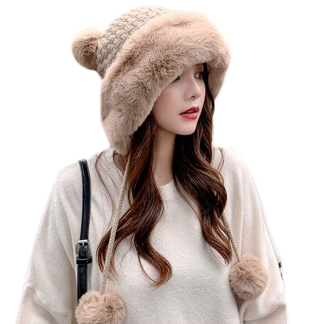 Women's Winter Pompom Beanie Hat - Soft Fluffy Knit Faux Fur Crochet Skull Cap for Cold Weather | Warm Bucket Hat with Ear Coverage for Outdoor Activities, Snow Sports & Casual Winter Fashion
