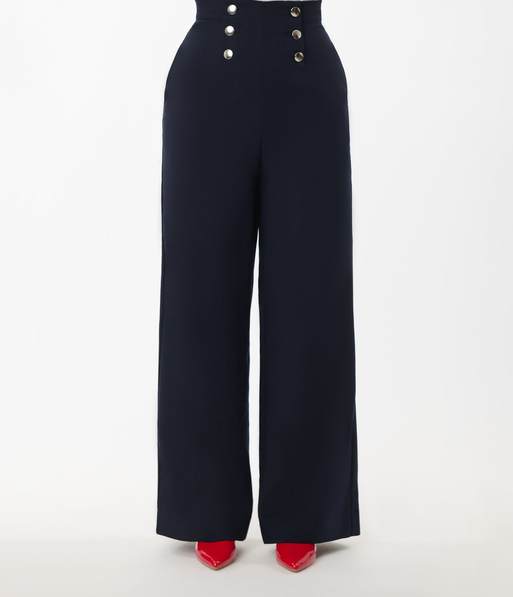Smak Parlour Navy & Silver Button Wide Leg Sailor Pants - Women's High Waisted Trousers for Office, Cruise & Nautical Style Outfits