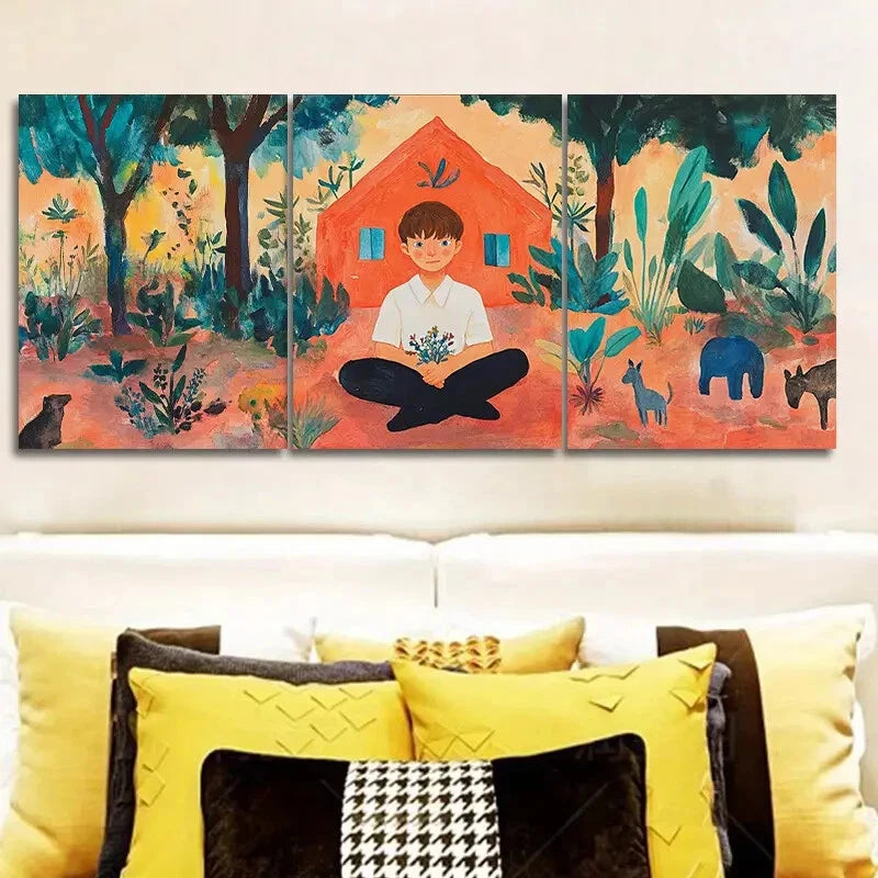 3-Piece Vibrant Boy & Wildlife Scenes Wall Art Set - Framed Canvas Prints 50x70cm - High Quality Australian-Made Wall Decor - Ready to Hang - Perfect for Kids' Rooms, Nurseries & Living Room Decor