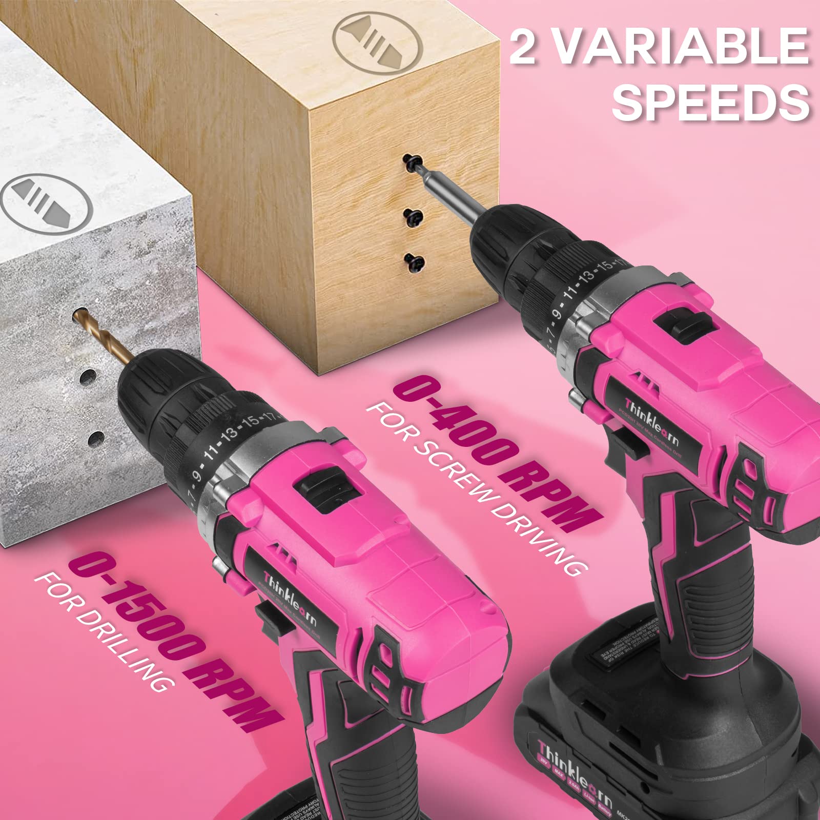 20V Pink Cordless Drill Set for Women - 67Pcs Driver Bits, 3/8