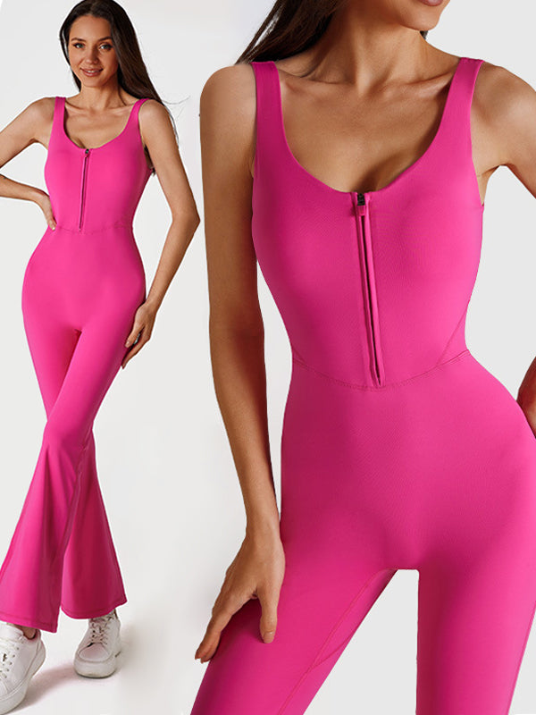 ZASUWA Women's Solid Color Zipper Flare Seamless Jumpsuit - Stylish One-Piece Romper for Casual Wear, Night Out & Party Outfits