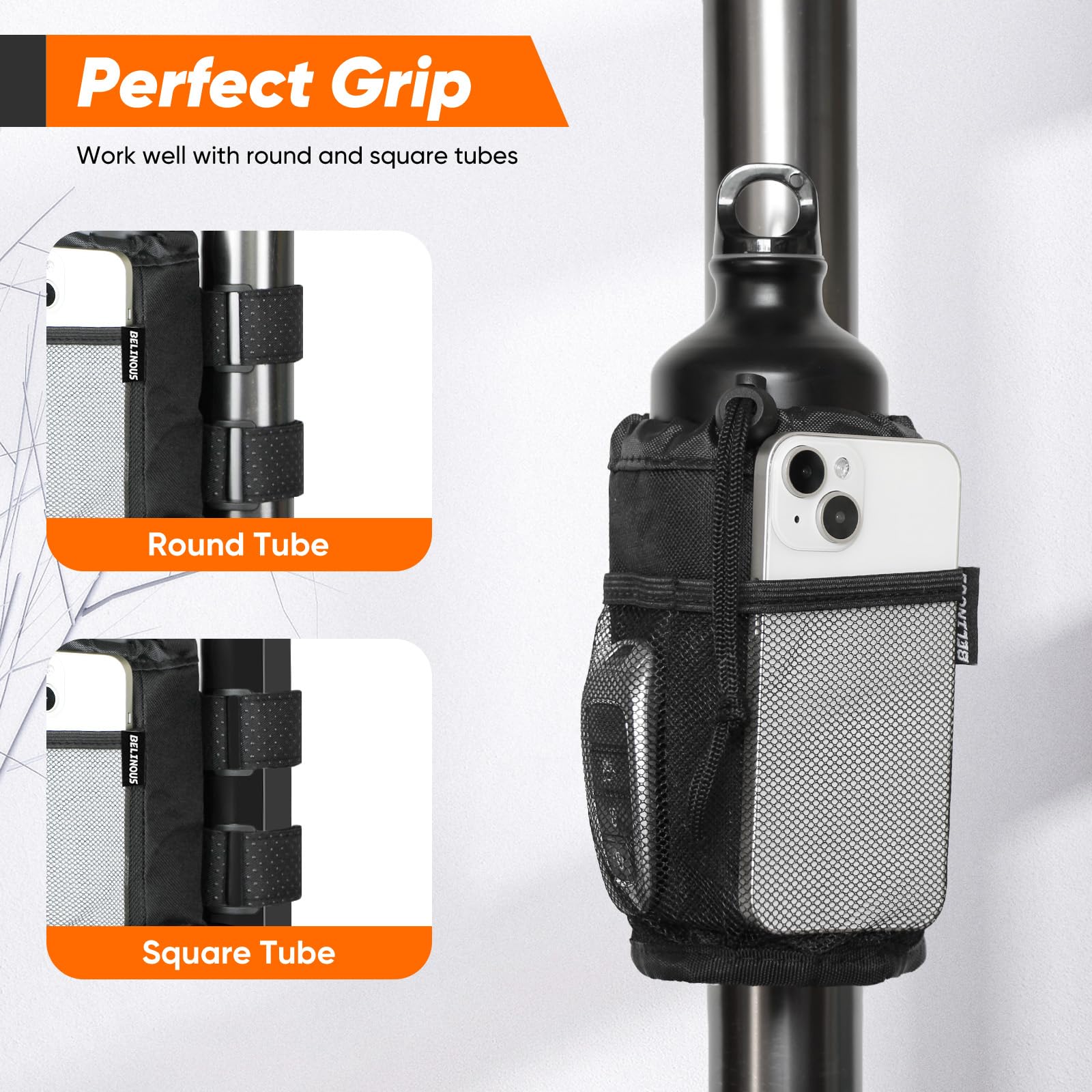 Belinous Universal Bike Cup Holder - Adjustable Water Bottle Holder for 8-24oz Bottles | Compatible with Bicycles, Scooters, Wheelchairs, UTVs, Golf Carts & Boats | Includes Net Pockets & Hook-and-Loop Straps | Perfect for Cycling, Outdoor Adventures & Daily Commutes