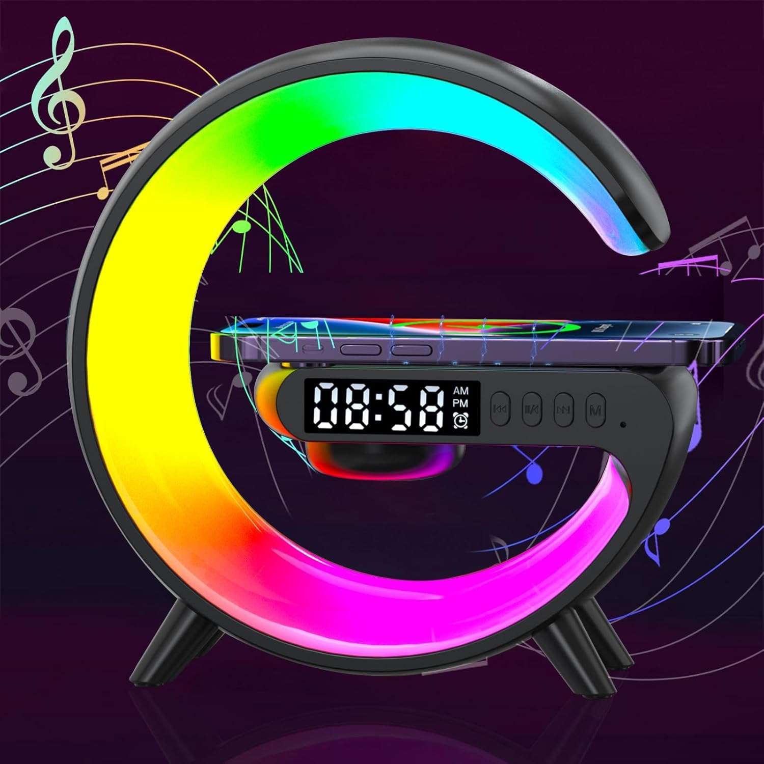 2024 Upgraded 4-in-1 Wireless Charging Atmosphere Lamp with Bluetooth Speaker, LED Color Changing Night Light, Digital Clock & Sound Machine - Smart Bedside Table Lamp for Home Decor, Bedroom, Office, Meditation & Gift (Black USB)
