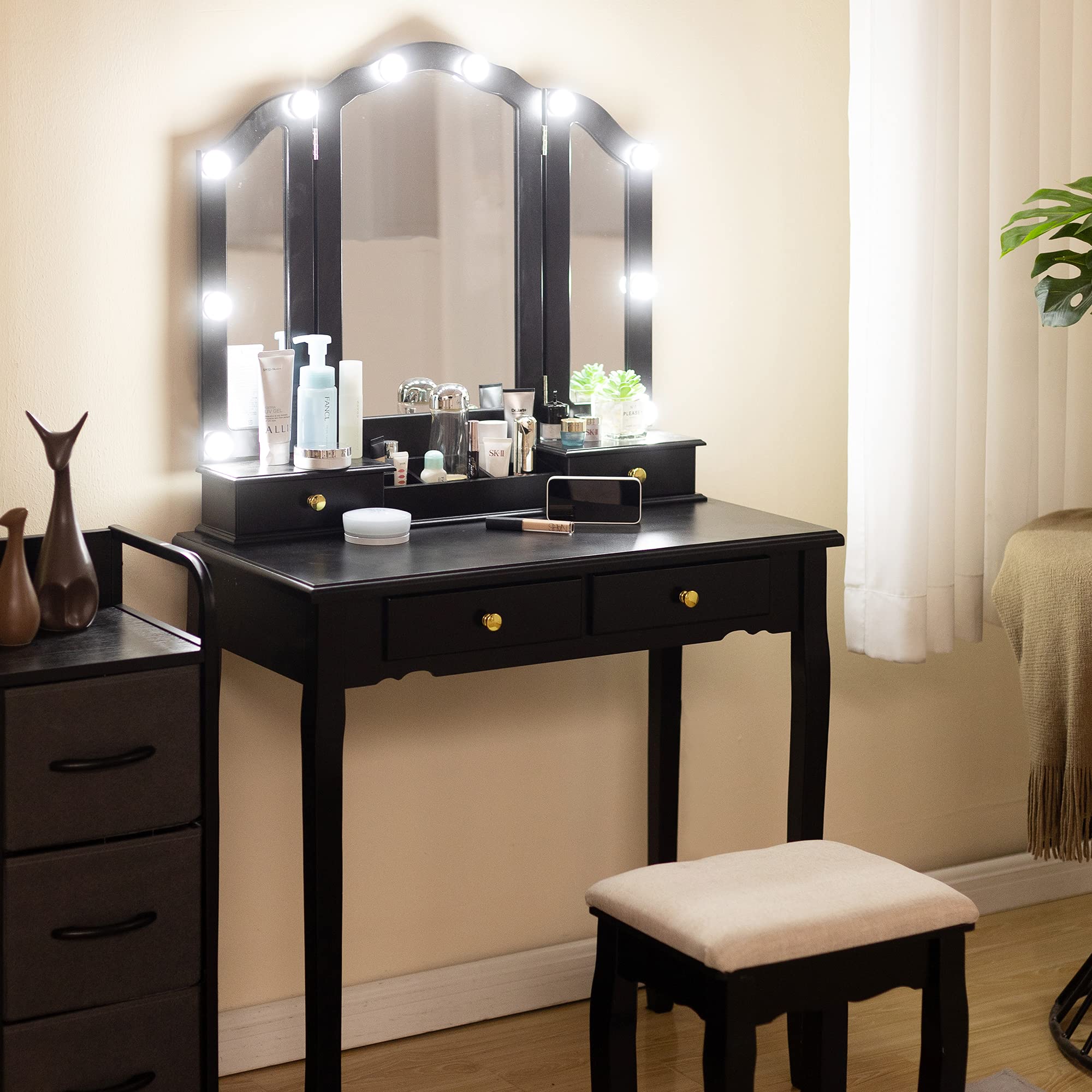 Caroeas Tri-Fold Makeup Vanity Set with LED Lights - Solid Wood Vanity Table with Mirror, 4 Drawers & Storage Compartments - Includes Padded Vanity Stool - Perfect for Bedroom, Dressing Room & Beauty Salon (Black)