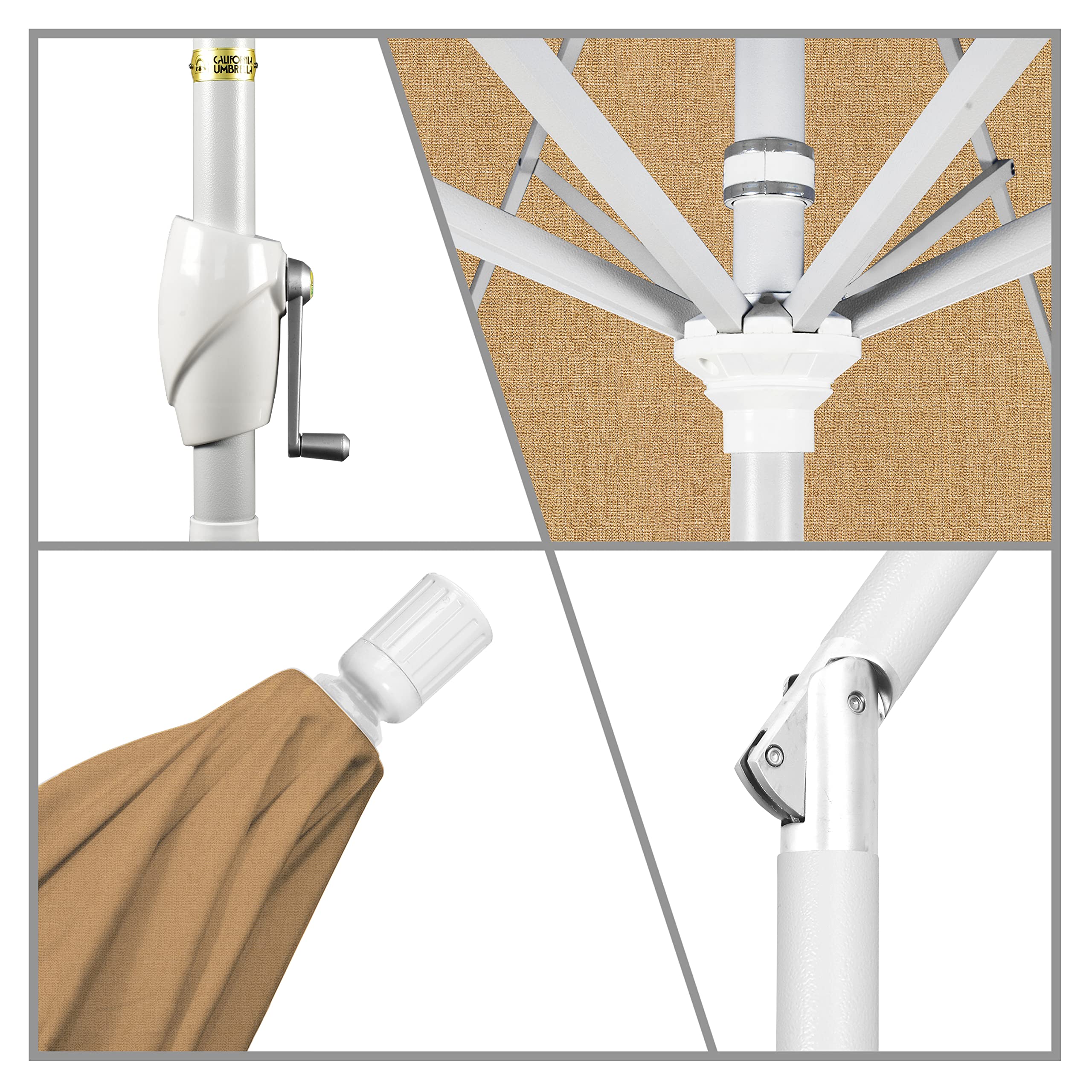 California Umbrella 9' Round Aluminum Market Umbrella with Crank Lift & Push Button Tilt - White Pole & Linen Sesame Fabric for Patio, Garden, Poolside, and Outdoor Dining