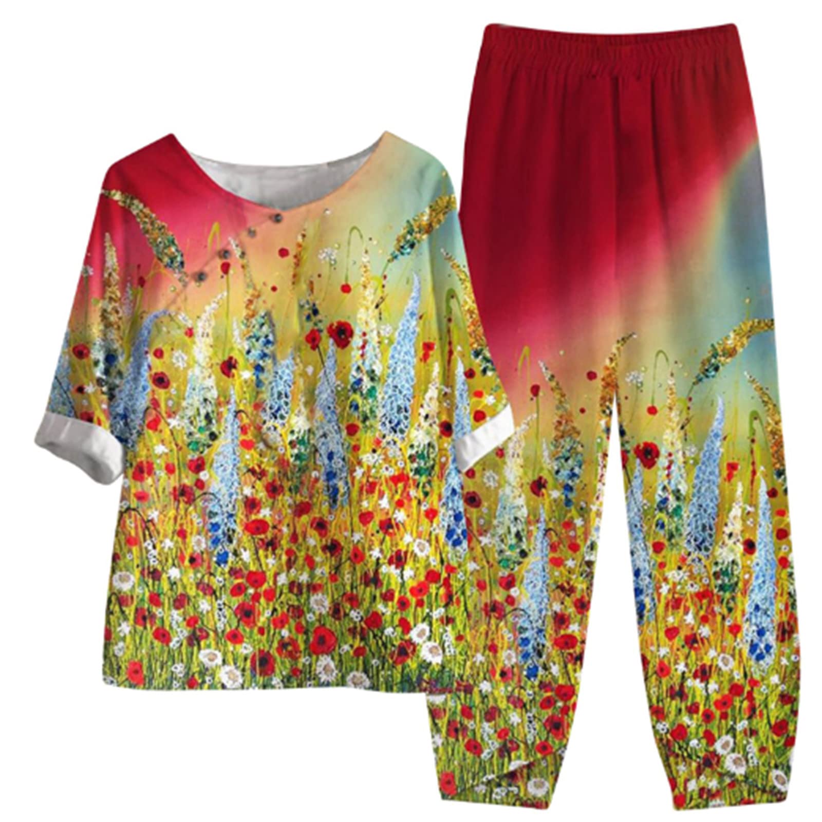Women's Summer Linen Outfits - 2 Piece Lounge Set with Half Sleeve T-Shirt & Cotton Linen Pants | Plus Size Vacation Wear for Beach, Travel & Casual Comfort