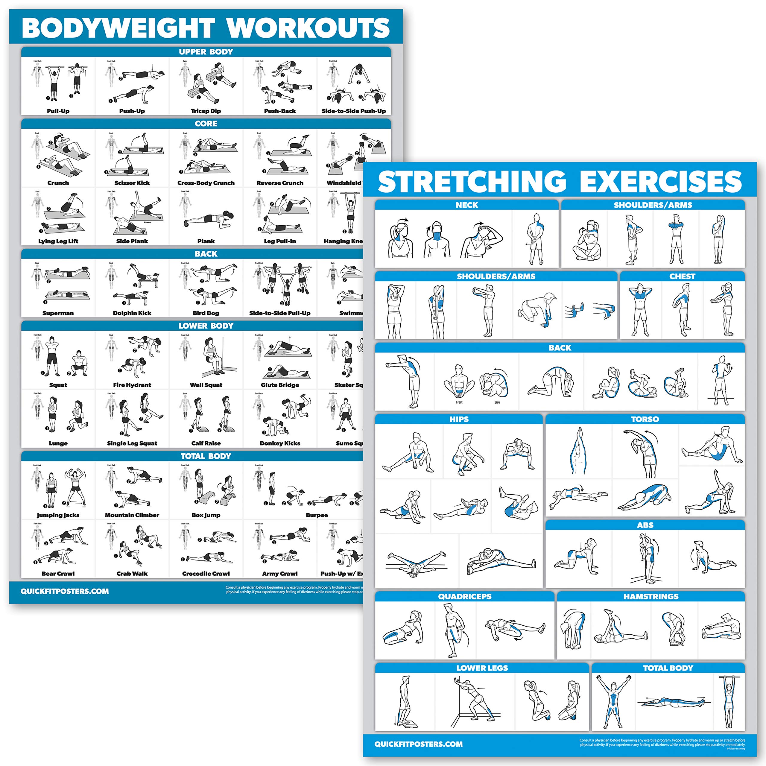 Quick Fit Bodyweight Workouts & Stretching Exercise Poster Set - Laminated 2-Chart Fitness Guide for Home Gym, Office & Travel - Bodyweight Training Routine & Flexibility Workouts for Men & Women