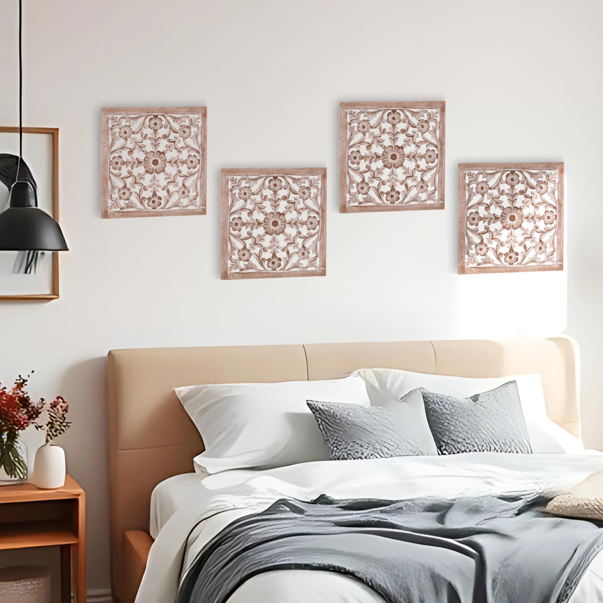 Set of 4 Carved Wood Wall Art Panels - 16x16 Inch Distressed White Wooden Medallion Decor | Handcrafted Home Wall Sculpture for Living Room, Bedroom & Entryway Décor