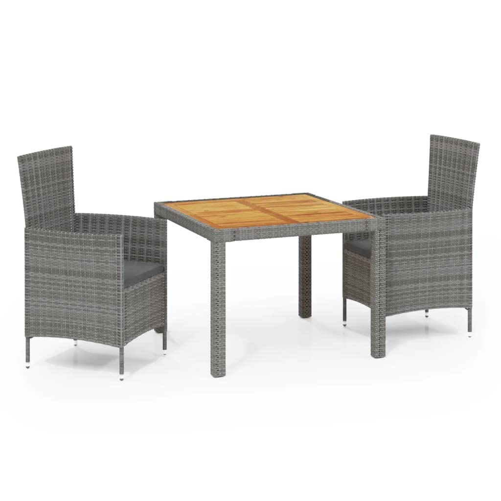 vidaXL 3-Piece Patio Dining Set with Cushions - Gray Poly Rattan Outdoor Furniture for Garden, Terrace, Balcony - Perfect for Al Fresco Dining, Backyard BBQs & Relaxing Outdoors