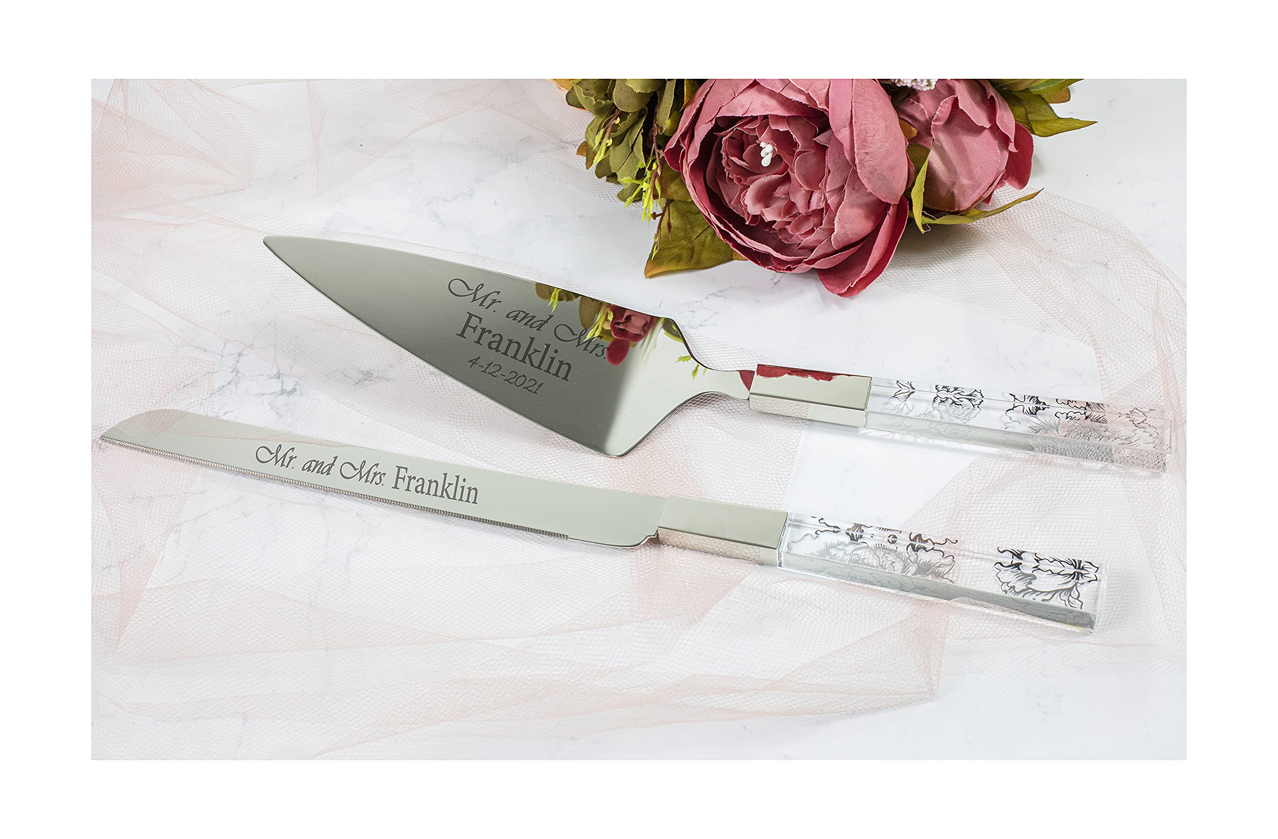 Lenox Bridal Silver Peony Personalized Wedding Cake Cutting Set - Custom Engraved Cake Knife & Server Set for Bride & Groom - Perfect Wedding Gift & Accessory for Anniversary, Bridal Shower & Reception Ceremony