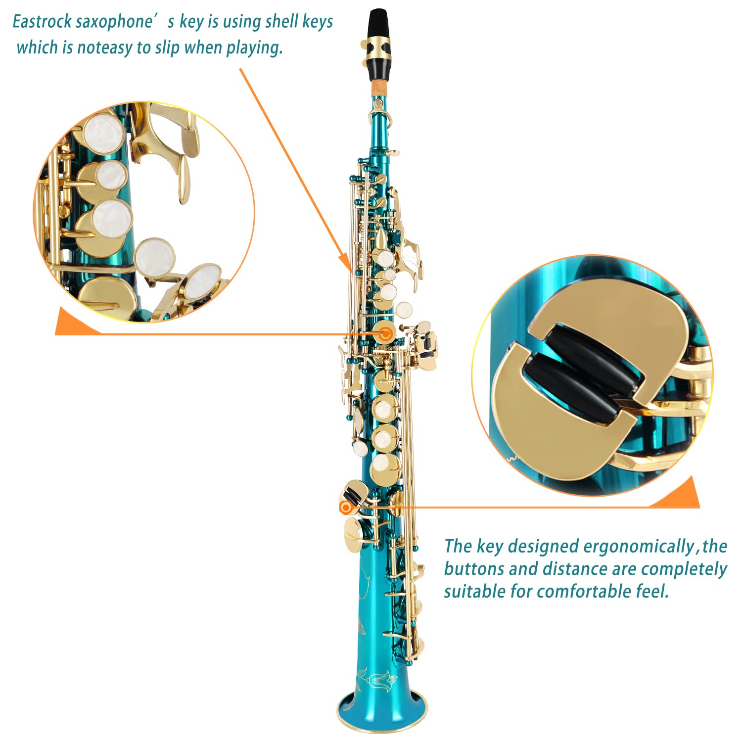 EASTROCK Bb Soprano Saxophone - Professional Straight Sax Instrument for Beginners & Intermediate Players with Carrying Case, Mouthpiece, Pads, Reed, Cleaning Kit, Neck Strap & White Gloves (Lake Blue) | Perfect for School Bands, Jazz Ensembles & Solo Practice