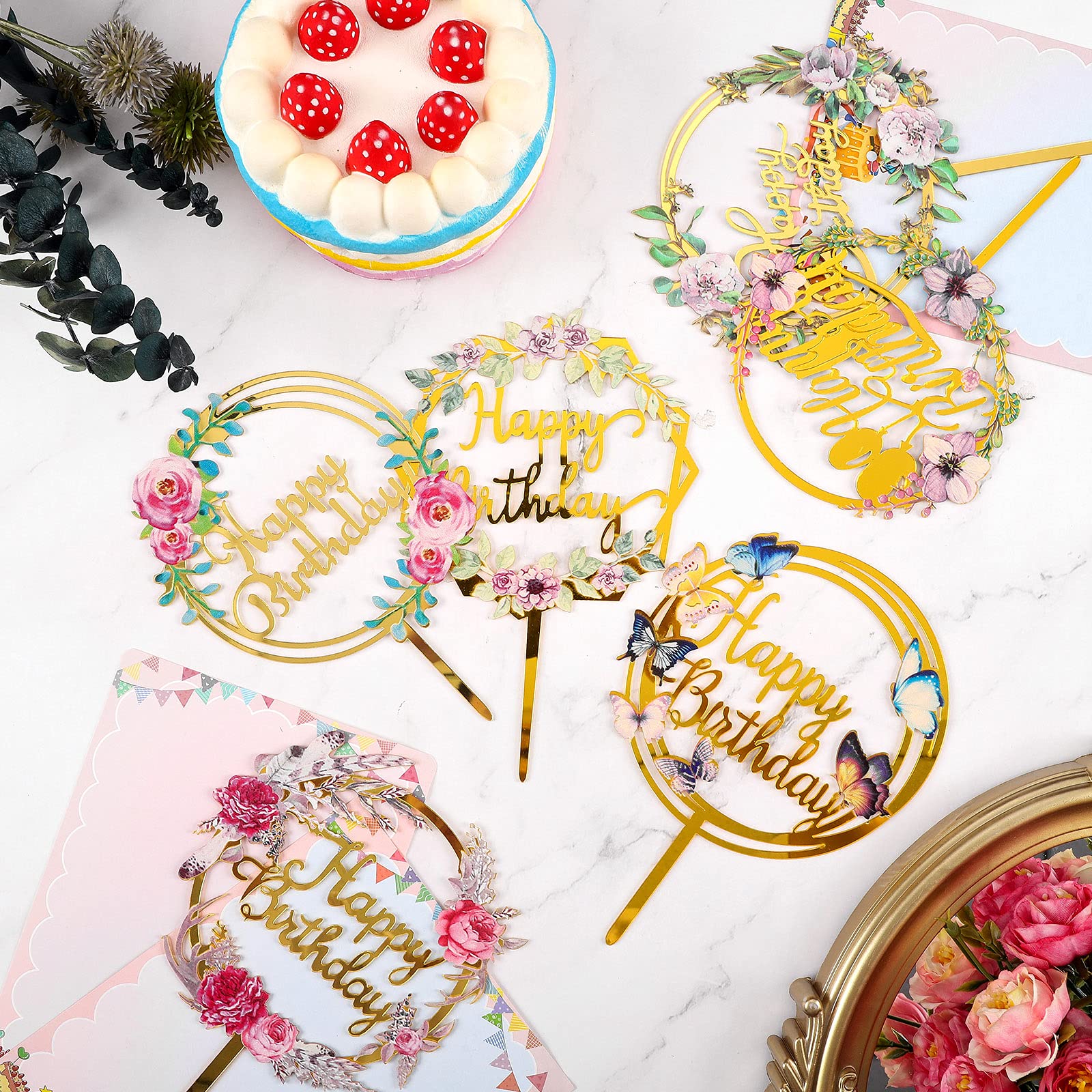 Jetec 6-Piece Gold Flower Acrylic Cake Toppers Set - Happy Birthday Cupcake Decorations for Parties, Anniversaries & Pastries | Perfect for Wedding, Baby Shower & Celebration Cakes