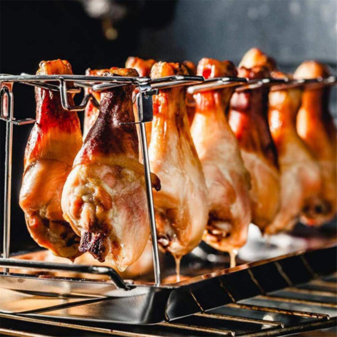 Stainless Steel Foldable Chicken Leg Wing Grill Rack - 12 Slots BBQ Drumstick Roaster Stand with Drip Pan for Smoker, Grill or Oven | Perfect for Backyard BBQ, Camping & Outdoor Cooking