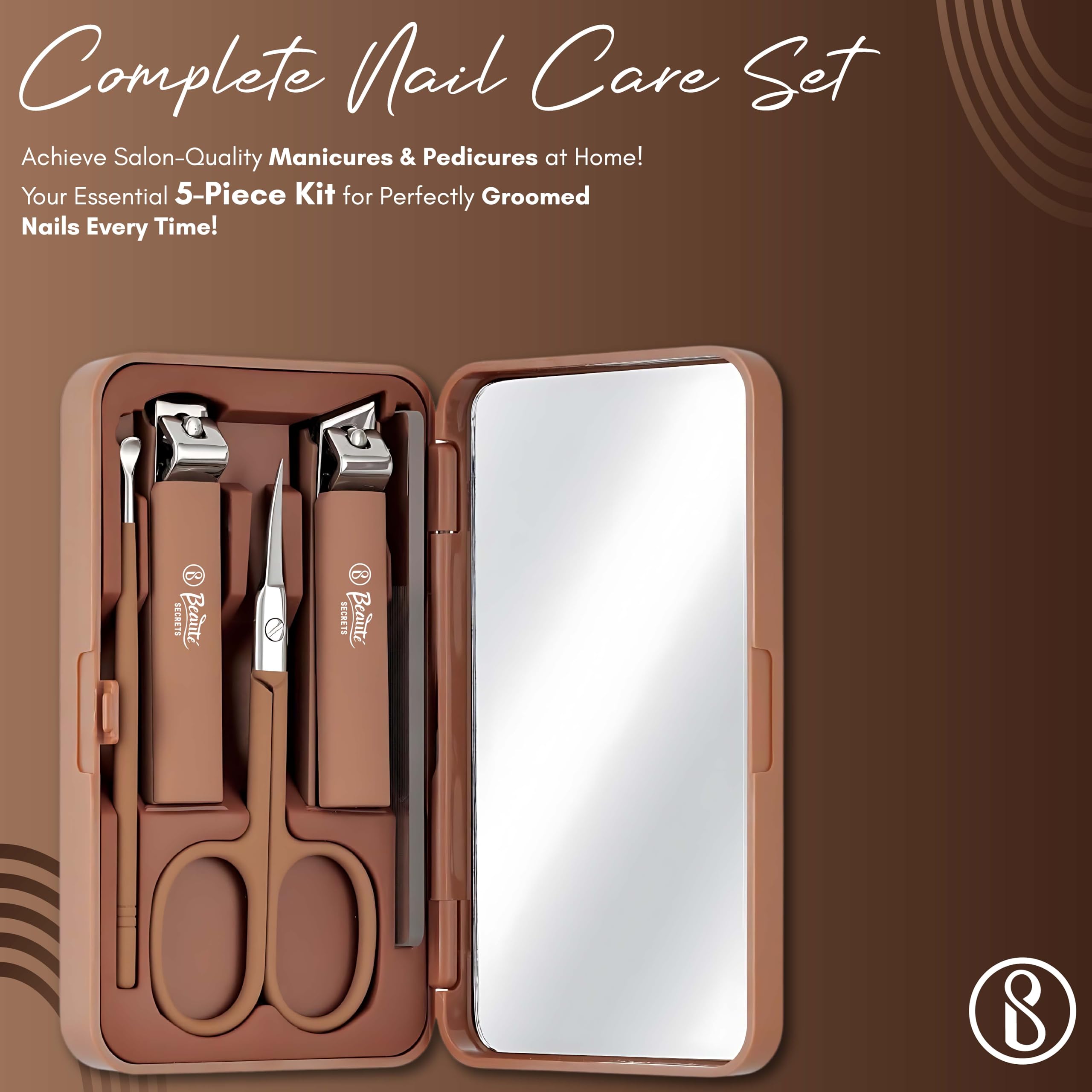 Beauté Secrets 5-Piece Professional Nail Care Kit - Stainless Steel Nail Clippers, Nail File, Facial Scissors, Ear Spoon & Cuticle Trimmer for Manicure & Pedicure | Perfect for Home Salon, Travel & Gifts