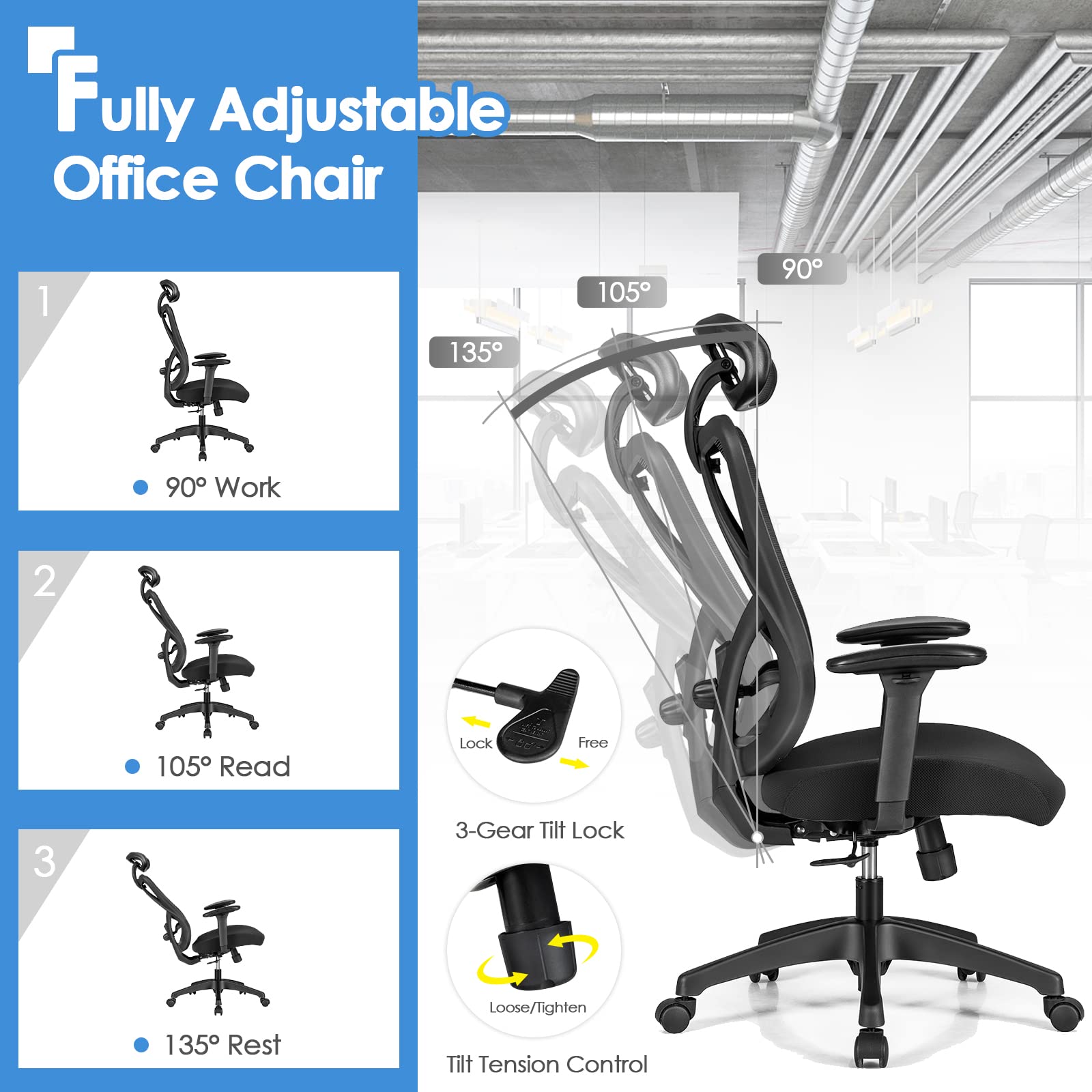 COSTWAY Ergonomic Executive Office Chair - High Back Mesh Computer Desk Chair with Adjustable Lumbar Support, Armrests & Headrest, Reclining Function - Swivel Task Chair for Home Office (Black) | Perfect for Long Work Hours & Remote Work Setup