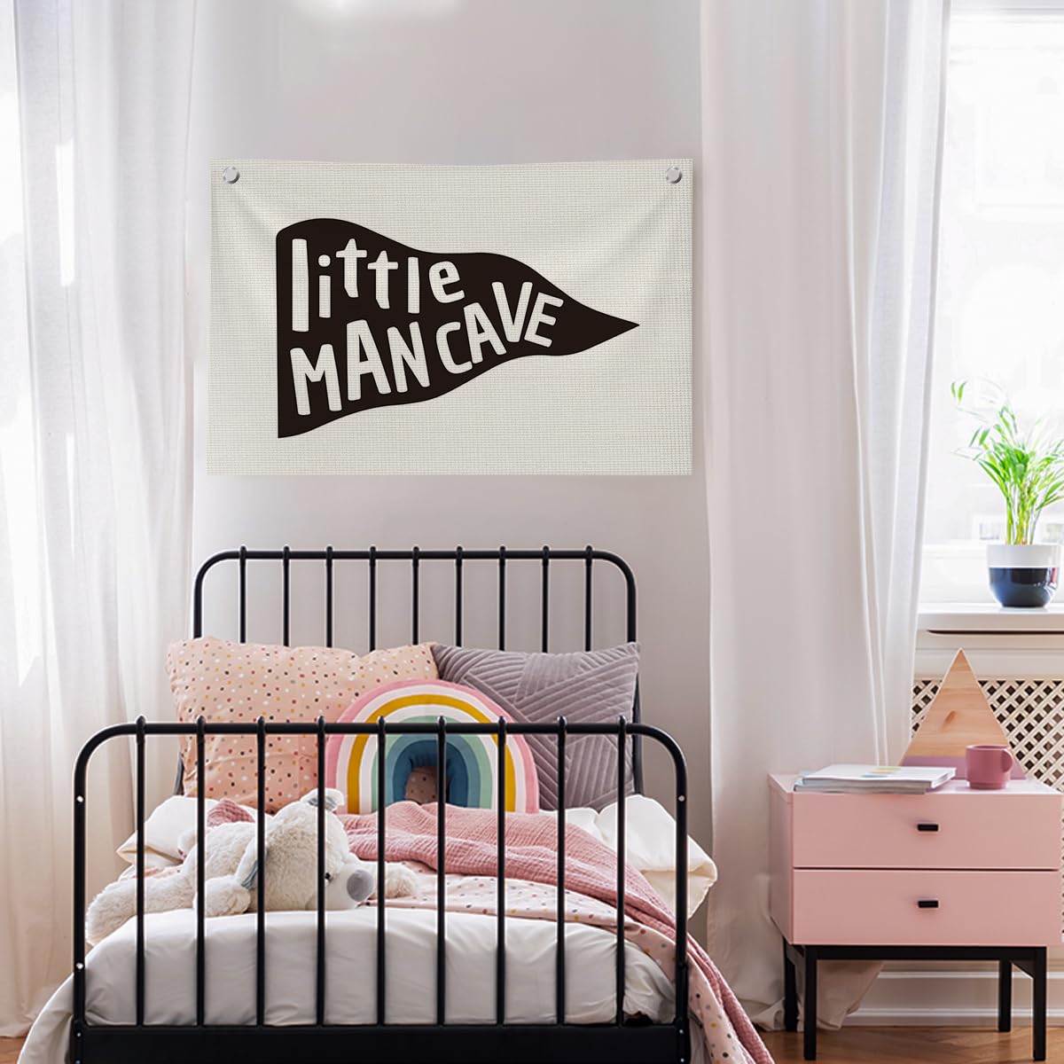Little Man Cave Decor - Boys Nursery Wall Hanging Banner Set for Bedroom, Playroom & Dorm | Canvas Wall Flags for Toddler & Baby Boys Room | Perfect for Birthday Parties, Baby Showers & Nursery Themes
