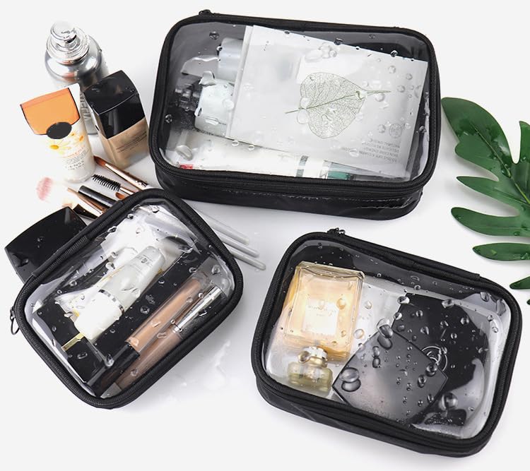 3-Piece Clear Makeup Bags Set - TPU Travel Toiletry Organizer with Zipper for Cosmetics, Toiletries & Accessories (Small, Medium, Large) - Perfect for Air Travel, Gym, Beach & Daily Organization