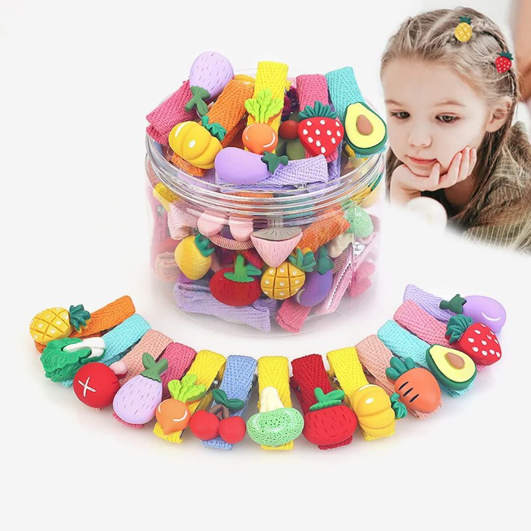 ANNACREATIONS 26-Pack Cute Animal & Fruit Hair Clips for Baby Girls - Colorful Flower Pattern Ribbon Hair Accessories for Toddlers & Kids - Perfect for Parties, School & Daily Outfits