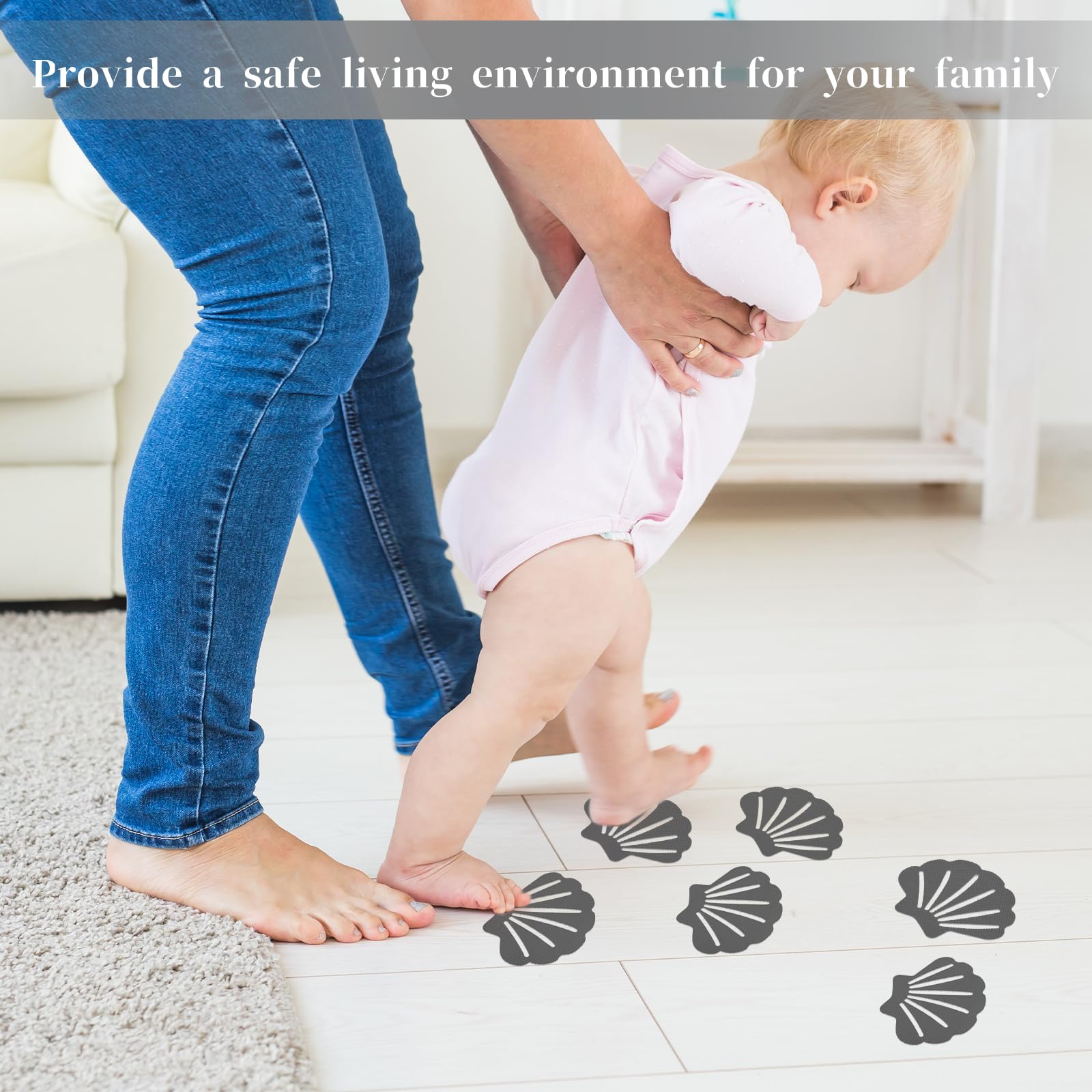 12 Pack Non-Slip Shower Stickers - Anti-Skid Bath Tub Safety Decals for Adults, Kids & Elderly - Shell Shaped Adhesive Treads for Showers, Bathtubs, Stairs, Ladders & Boats (Grey) - Prevent Slips & Falls in Wet Areas