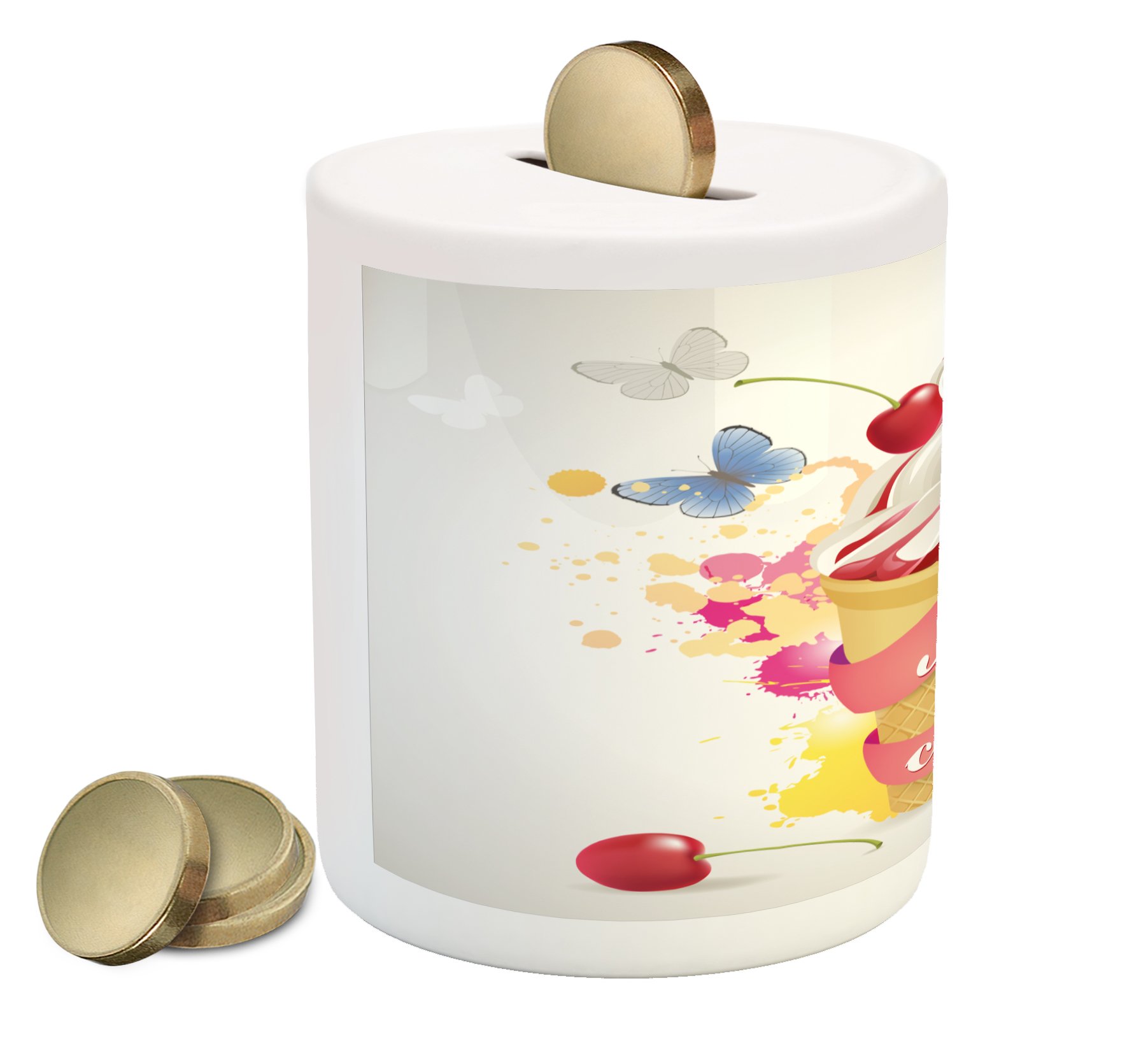 Ambesonne Ceramic Piggy Bank with Ice Cream, Butterflies & Cherry Design - Colorful Money Box for Cash Savings - Perfect for Kids' Rooms, Birthday Gifts & Home Decor