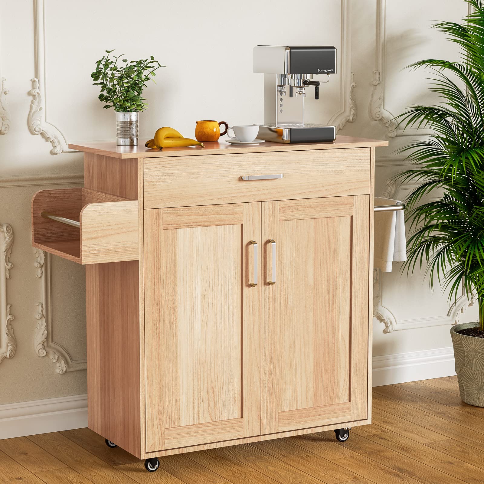 SunsGrove Kitchen Island Cart with Drop Leaf, Wheels & Storage | Adjustable Shelves & Spice Rack | Mobile Kitchen Organizer for Small Spaces | Perfect for Dining Room, Apartment Cooking & Entertaining | Natural Wood Finish