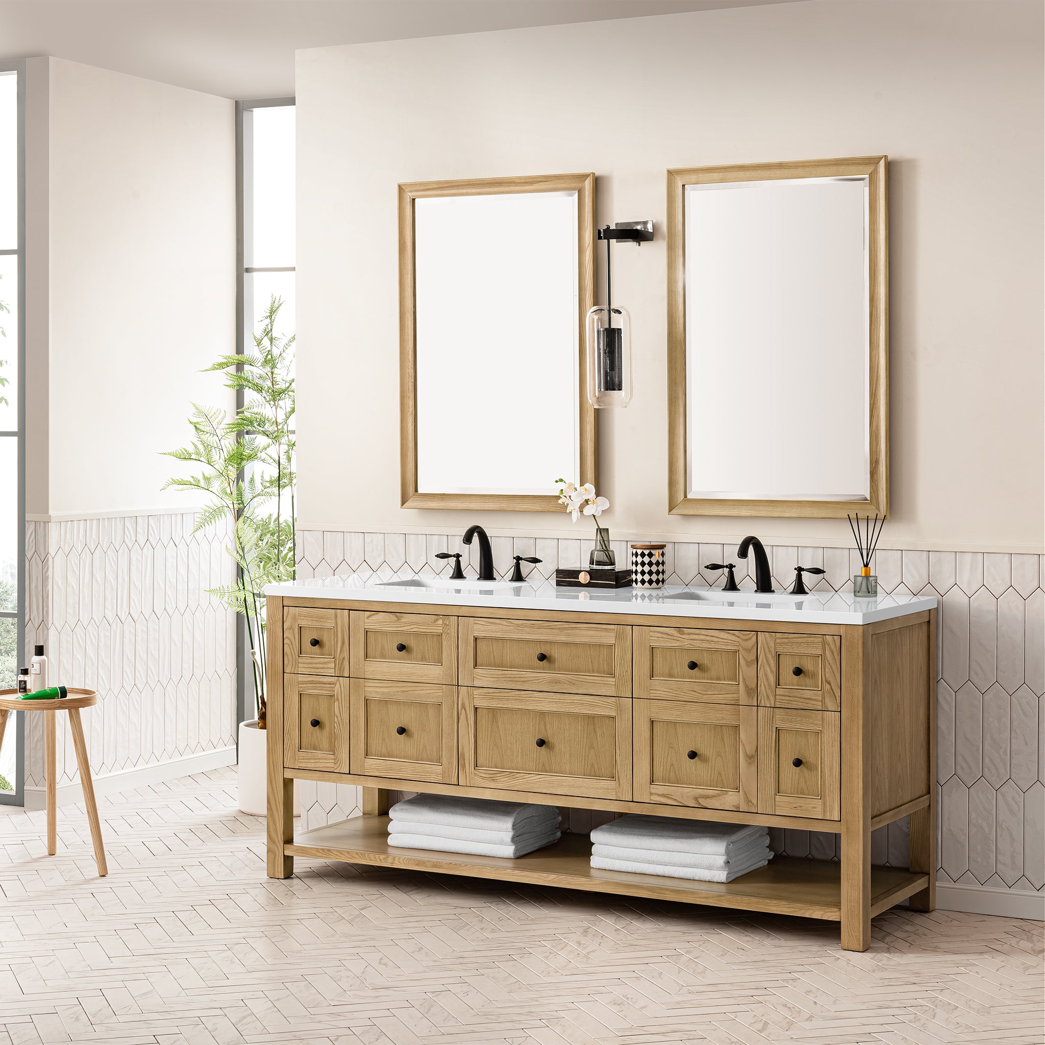 Breckenridge 72-Inch Double Vanity with Light Natural Oak Finish & 3CM White Zeus Top – Perfect for Modern Bathroom Renovations and Master Suites