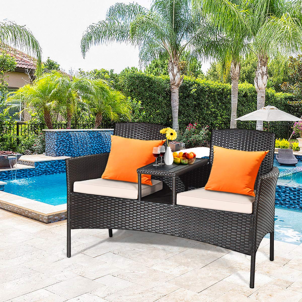**HAPPYGRILL Outdoor Loveseat with Removable Cushions & Coffee Table - Rattan Patio Wicker Conversation Set for Garden, Lawn, Backyard - Perfect for Relaxing, Entertaining, and Outdoor Gatherings**