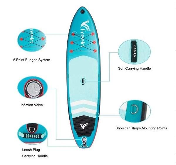 Freein 11' Explorer Inflatable Stand Up Paddle Board with Dual Action Pump & Camera Mount - Light Blue SUP Package for Lakes, Rivers & Ocean Paddling
