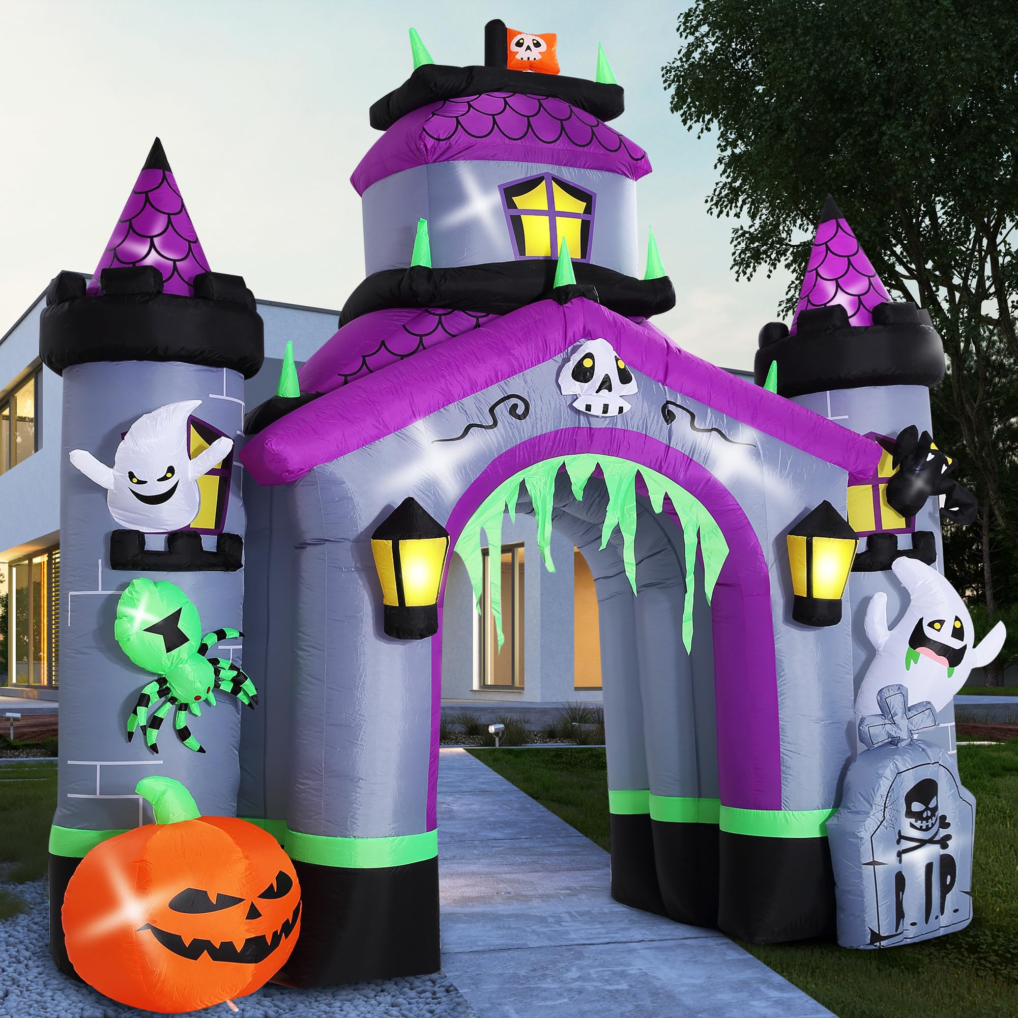12.5 FT Giant Halloween Inflatable Haunted House Castle Archway - Outdoor Halloween Decorations for Front Lawn, Garden, and Yard - Spooky Blow Up Decor for Halloween Parties & Trick or Treating