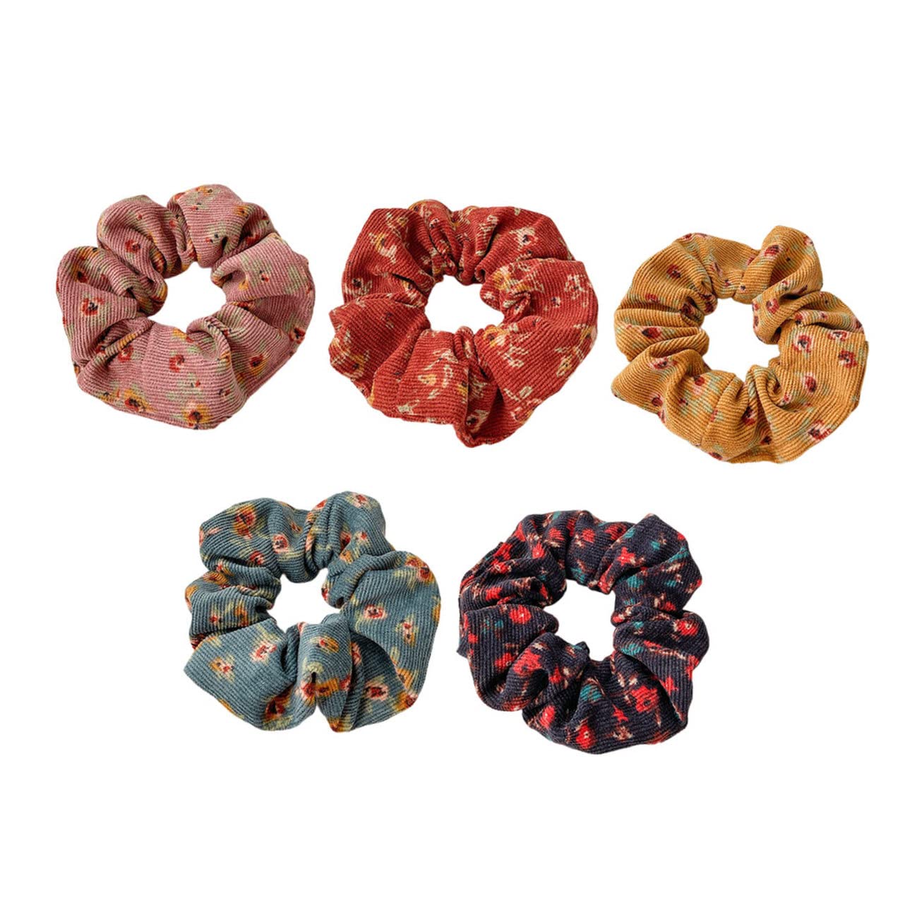 Beavorty 5-Pack Floral Corduroy Scrunchies - Colorful Hair Ties for Women & Girls, Soft Vintage Hair Accessories for Ponytails, Buns & Everyday Use