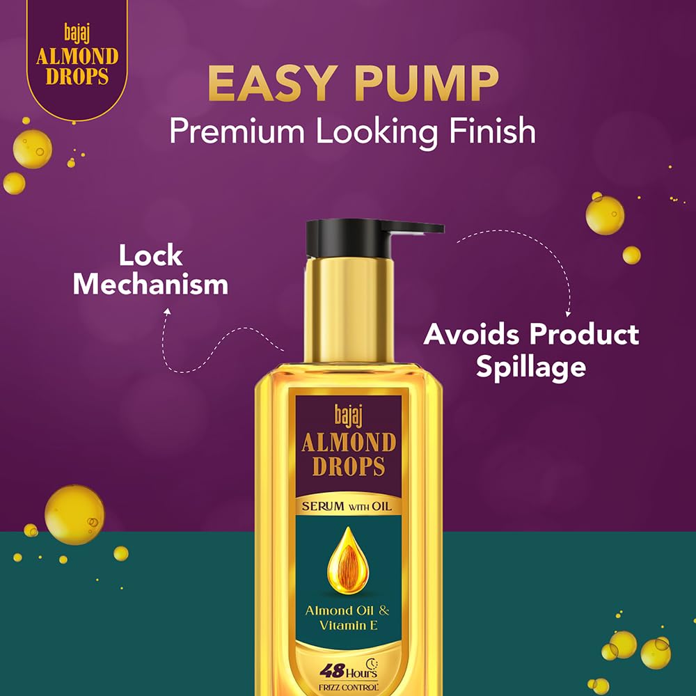 Bajaj Almond Drops Hair Serum 100ml with Almond Oil & Vitamin E - Nourishing Treatment for Dry, Frizzy Hair - Perfect for Daily Hair Care & Styling