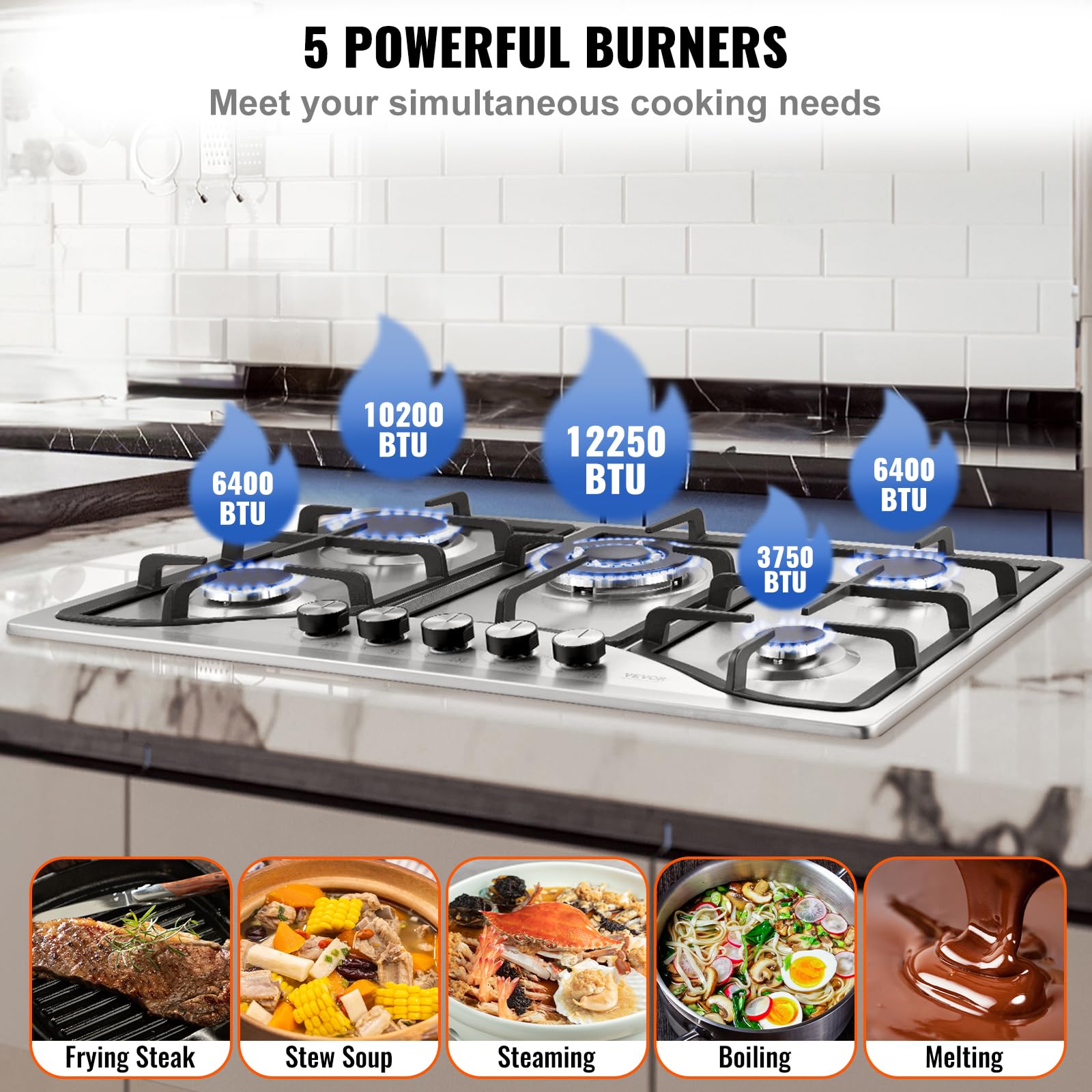 VEVOR 30-inch 5 Burner Built-in Gas Cooktop, 12250BTU NG/LPG Convertible Stainless Steel Gas Stove with Thermocouple Protection - Perfect for Camping, RV, Apartment & Outdoor Cooking